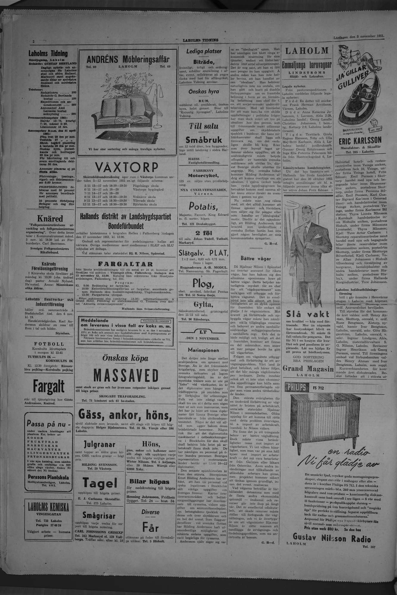 Laholms Tidning Lördag 3 november 1951, sida 2