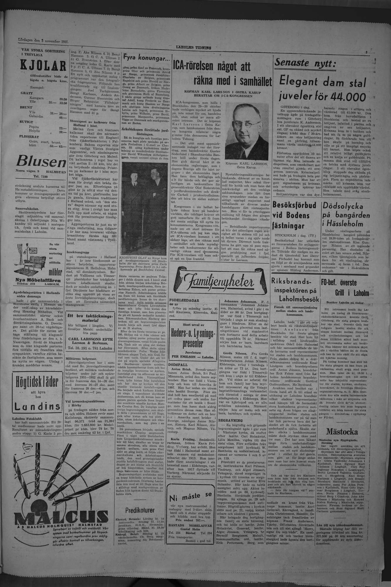 Laholms Tidning Lördag 3 november 1951, sida 3