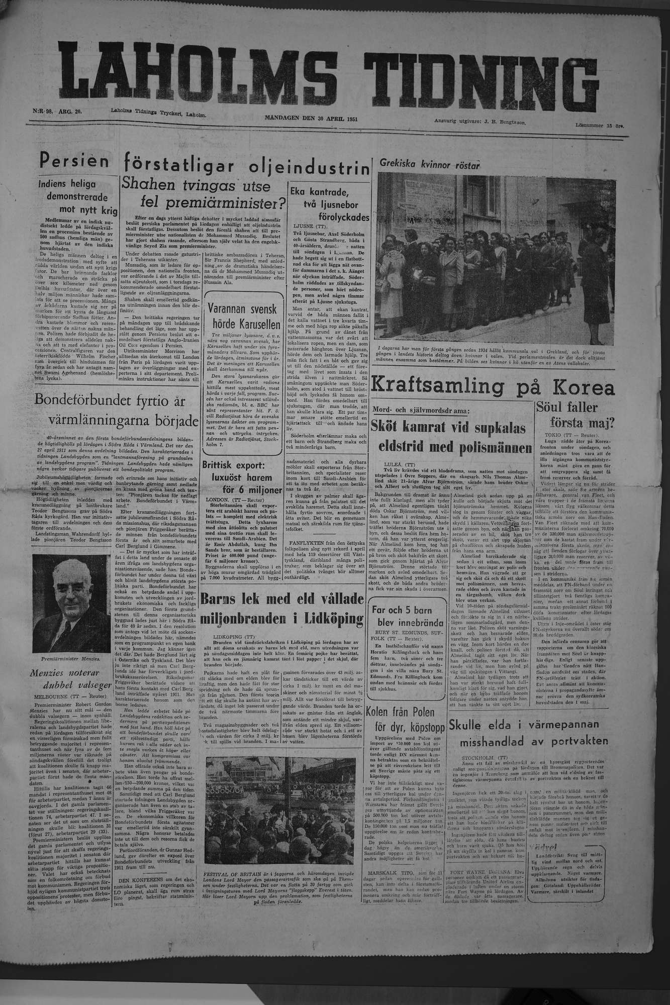 Laholms Tidning Måndag 30 april 1951, sida 1