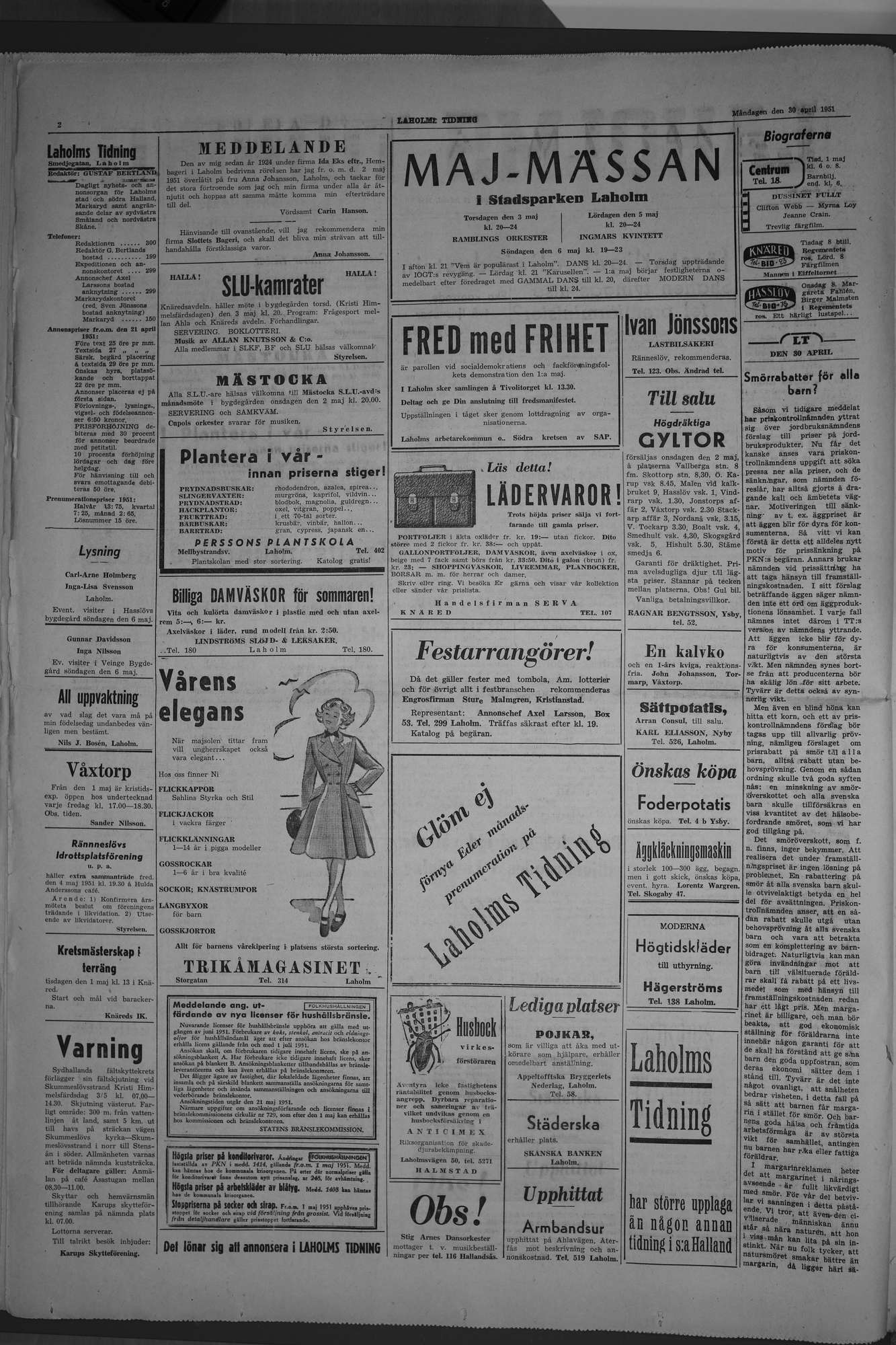 Laholms Tidning Måndag 30 april 1951, sida 2