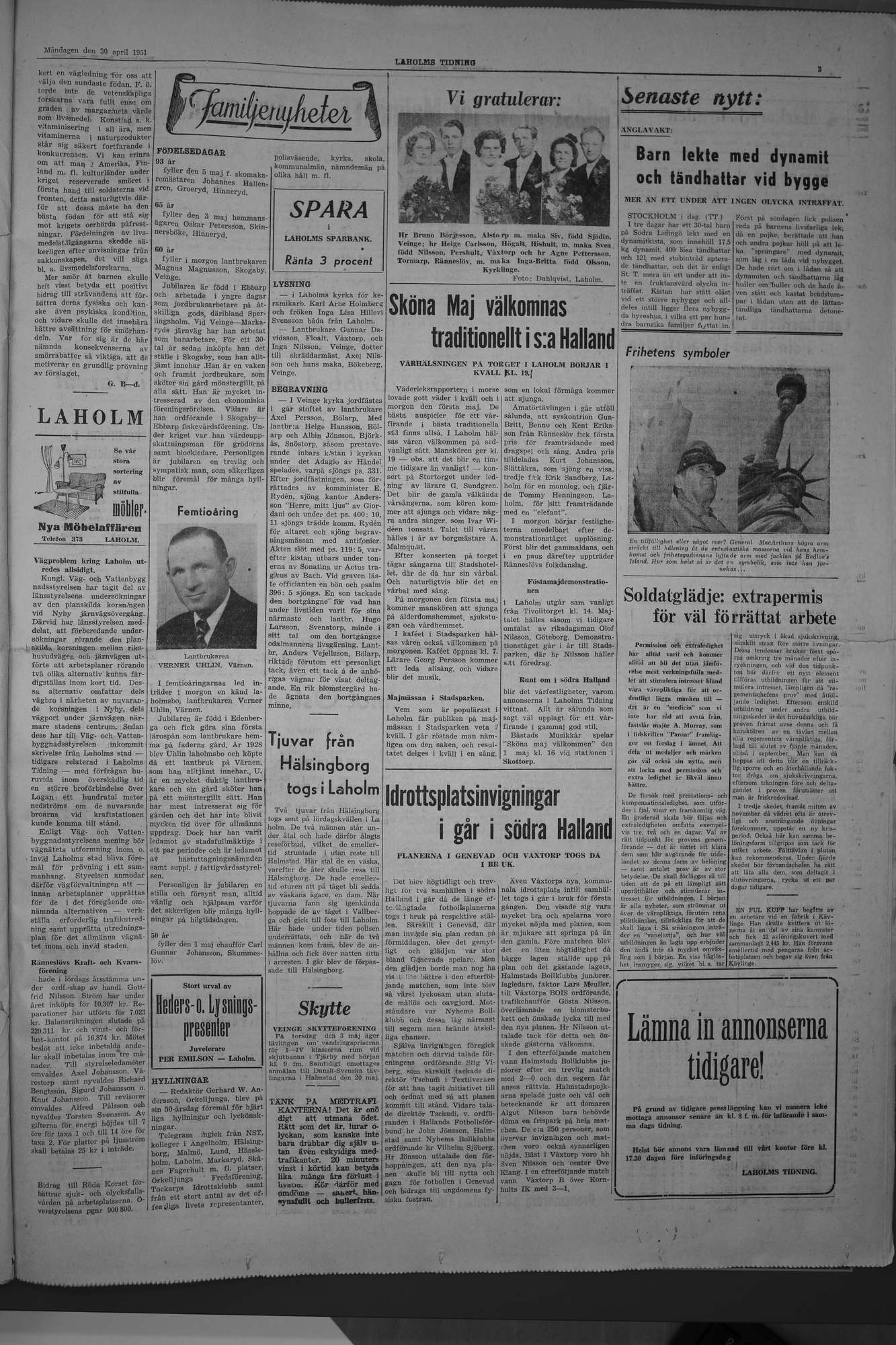 Laholms Tidning Måndag 30 april 1951, sida 3