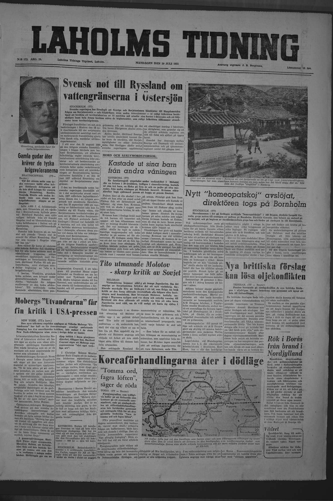 Laholms Tidning Måndag 30 juli 1951, sida 1