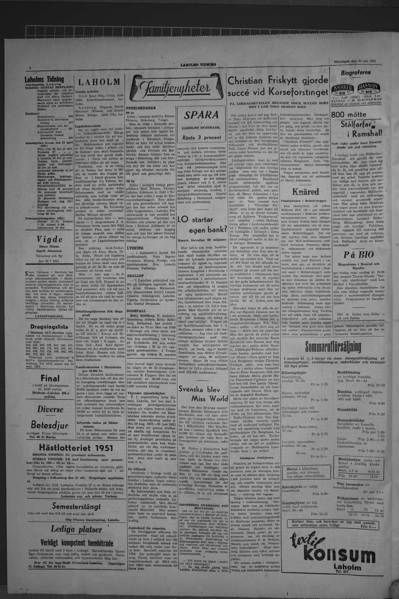 Laholms Tidning Måndag 30 juli 1951, sida 2