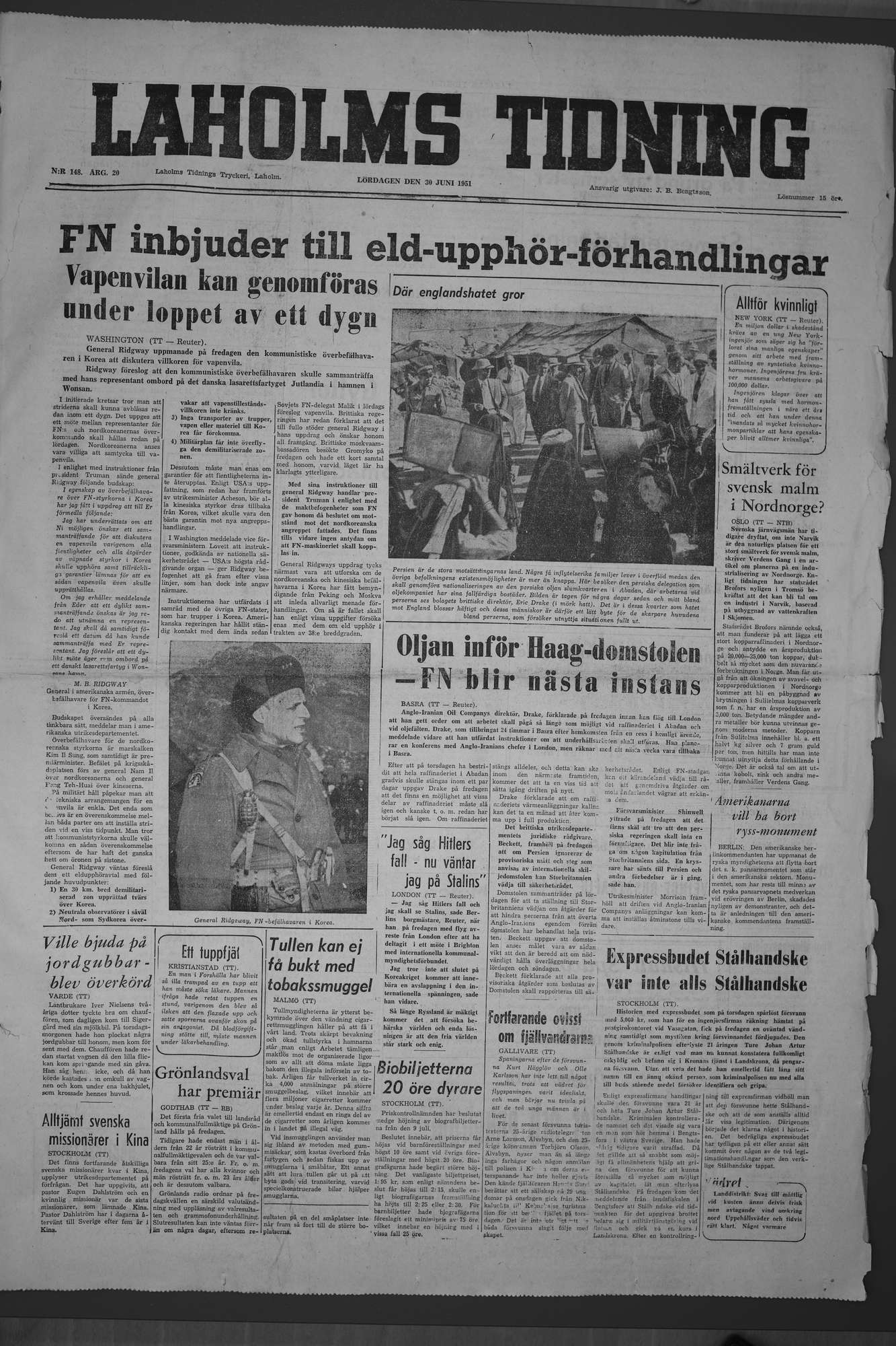 Laholms Tidning Lördag 30 juni 1951, sida 1