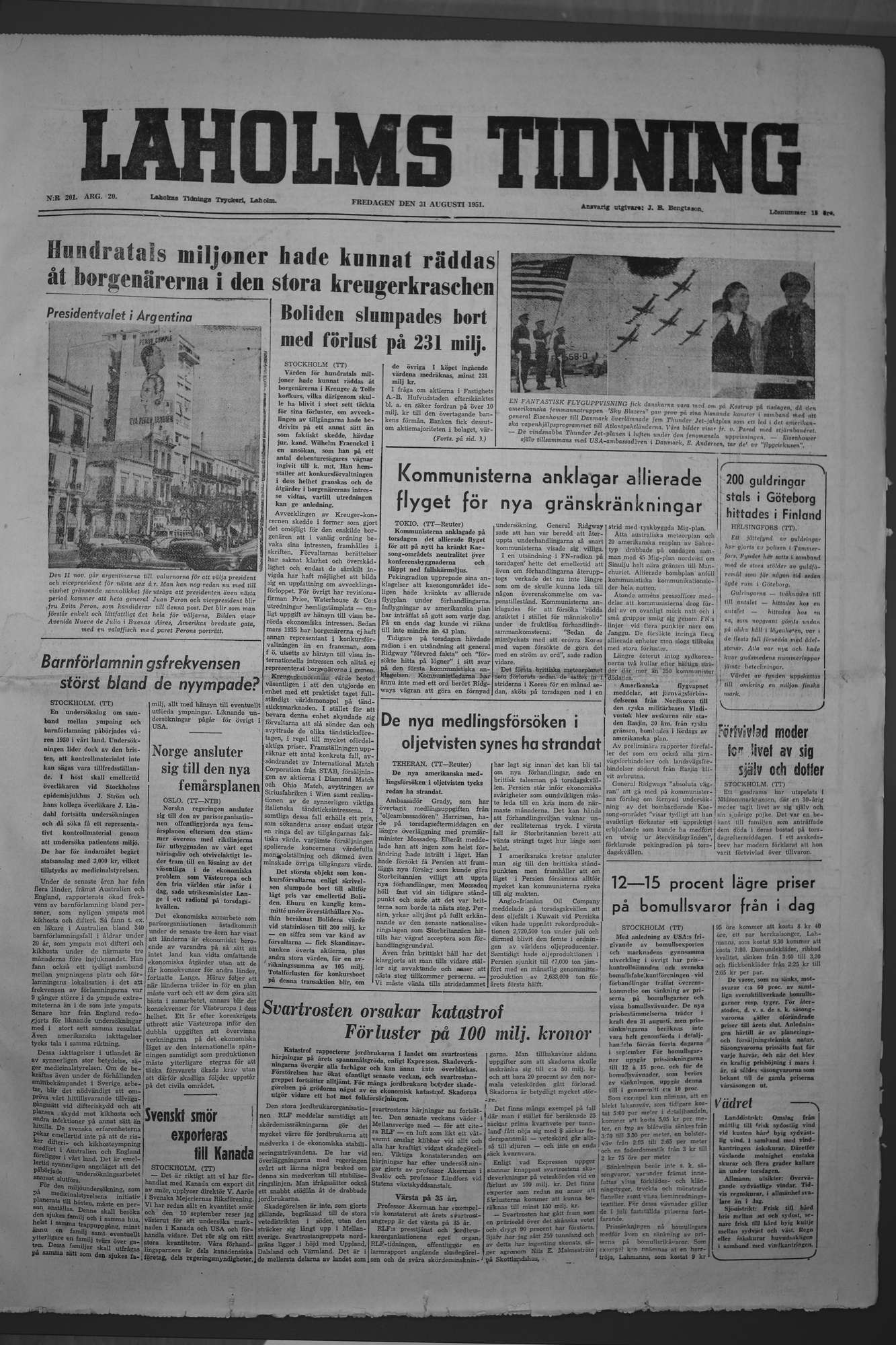 Laholms Tidning Fredag 31 augusti 1951, sida 1