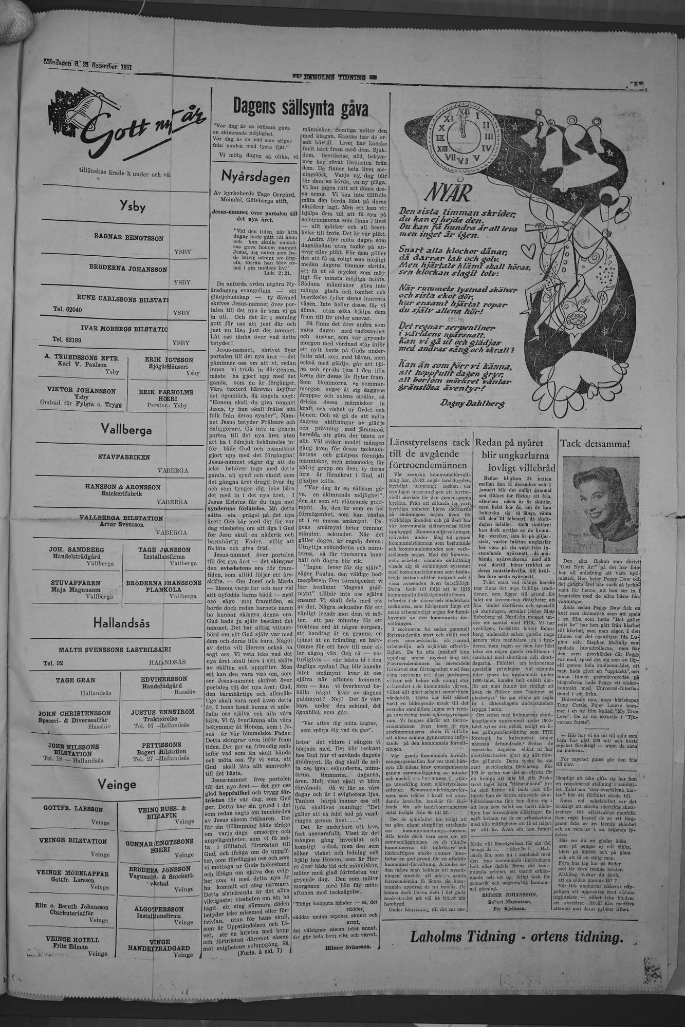 Laholms Tidning Måndag 31 december 1951, sida 5