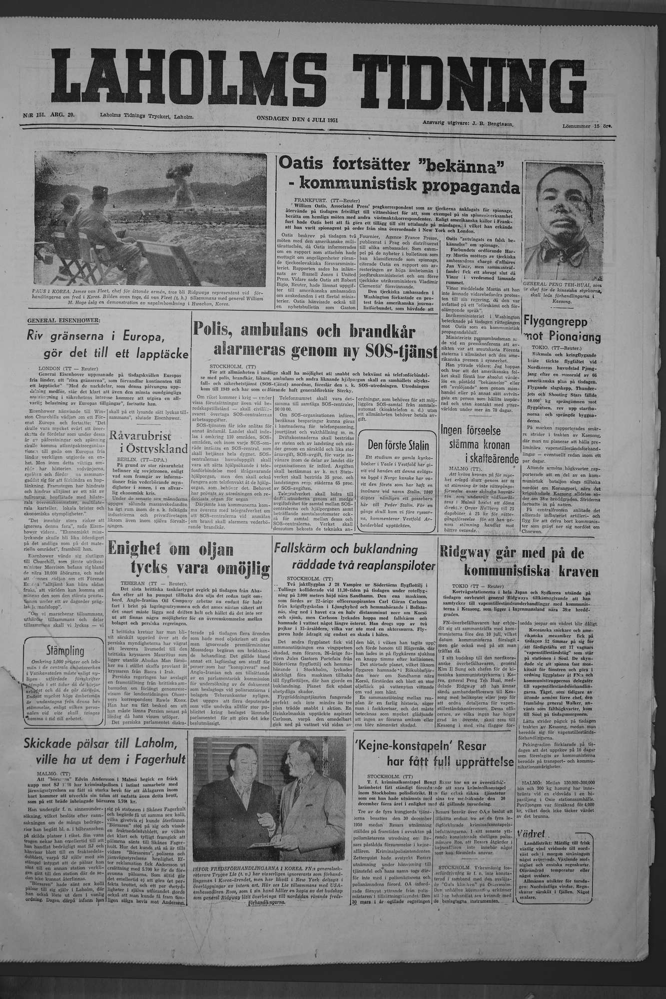Laholms Tidning Onsdag 4 juli 1951, sida 1