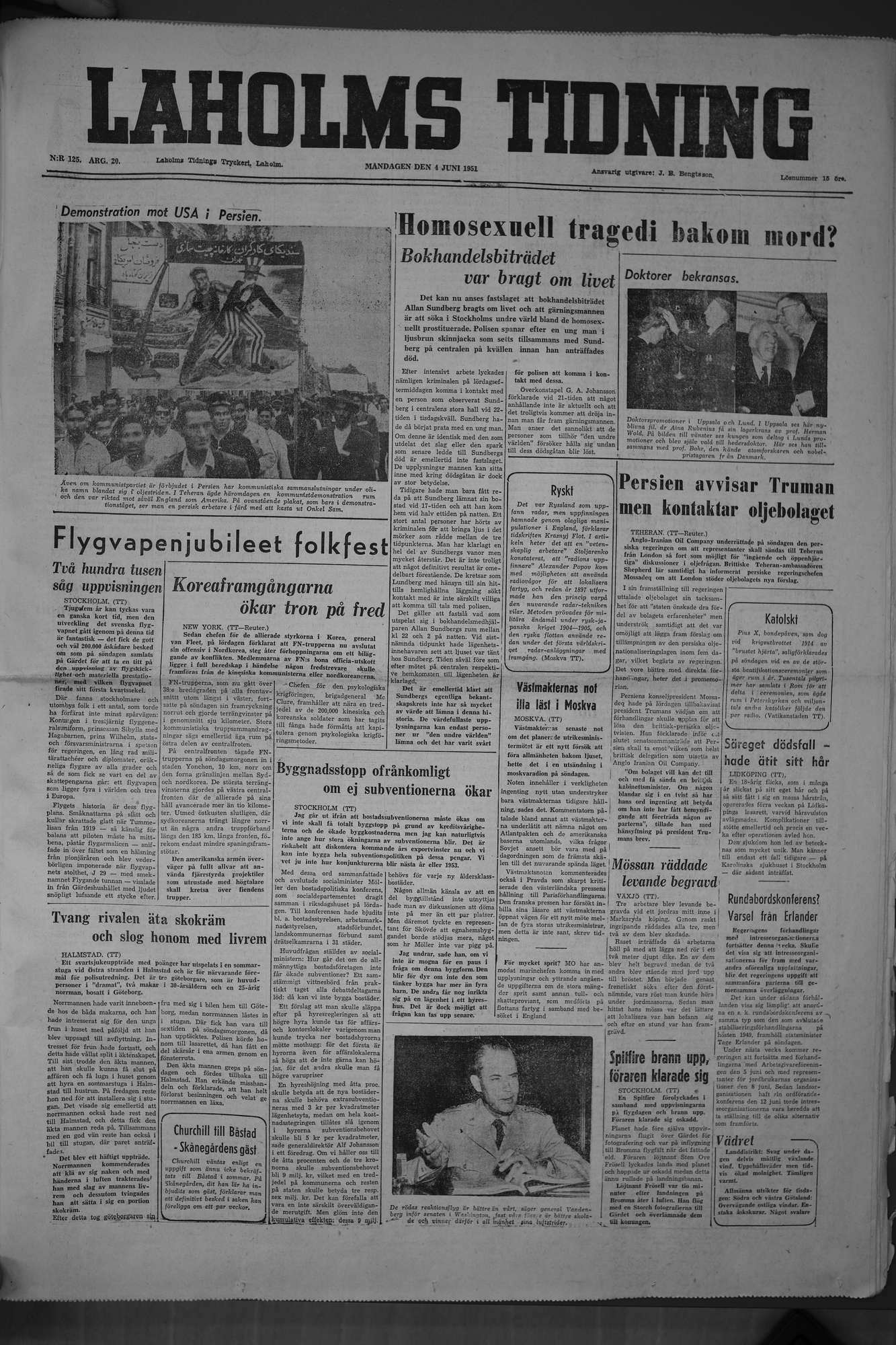 Laholms Tidning Måndag 4 juni 1951, sida 1