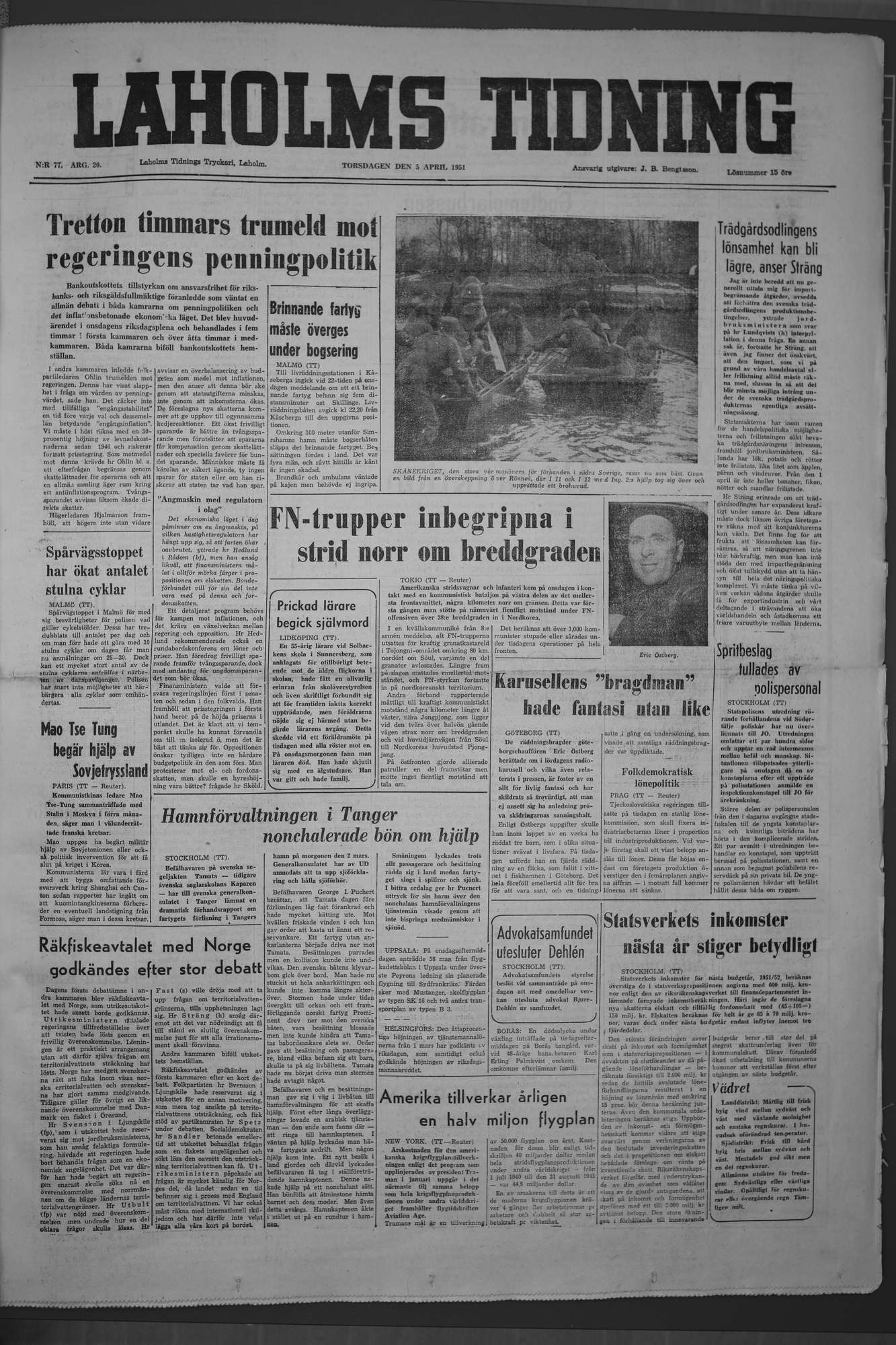 Laholms Tidning Torsdag 5 april 1951, sida 1