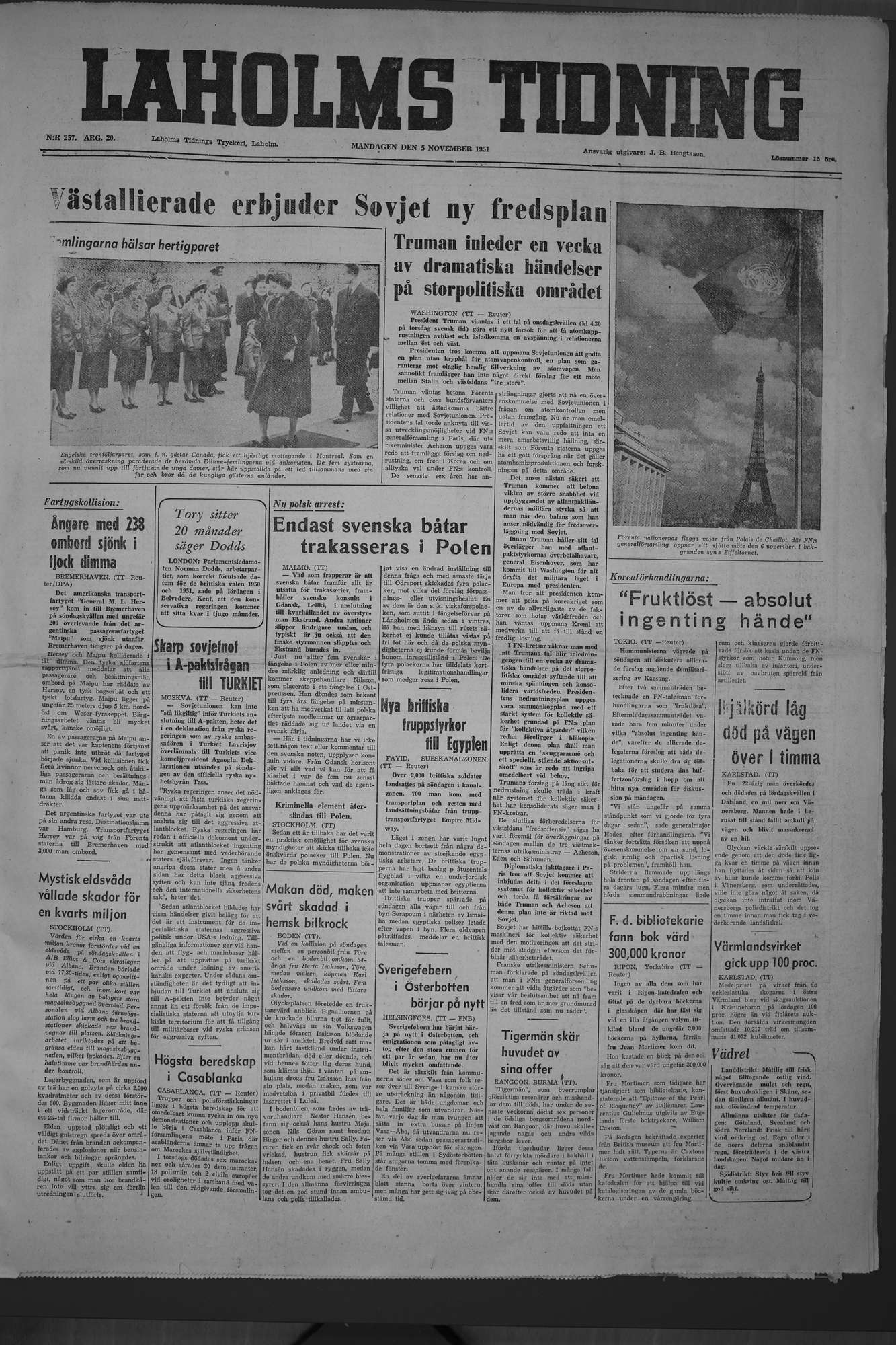 Laholms Tidning Måndag 5 november 1951, sida 1