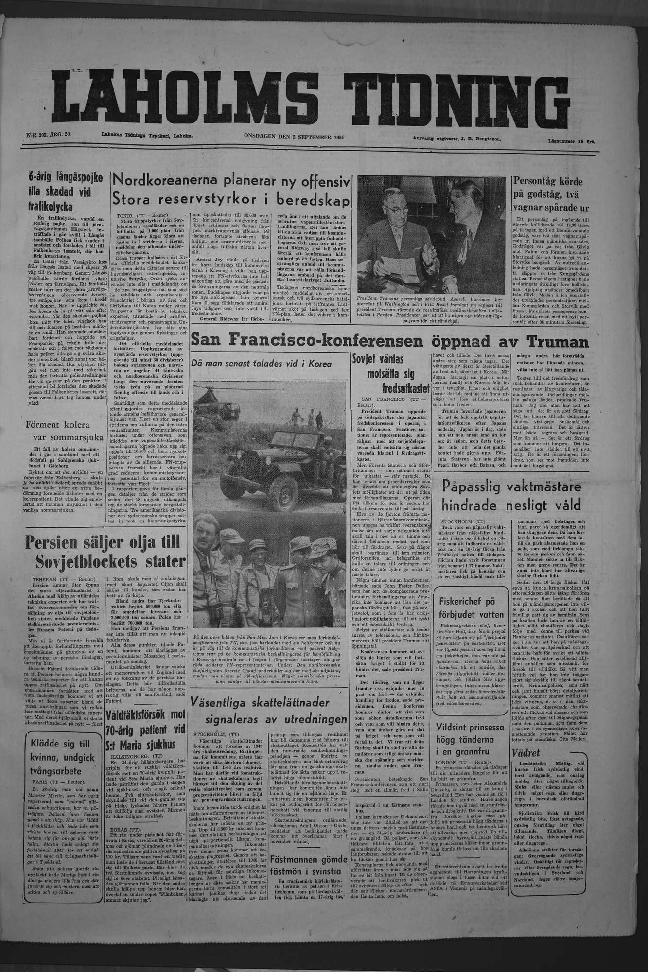 Laholms Tidning Onsdag 5 september 1951, sida 1