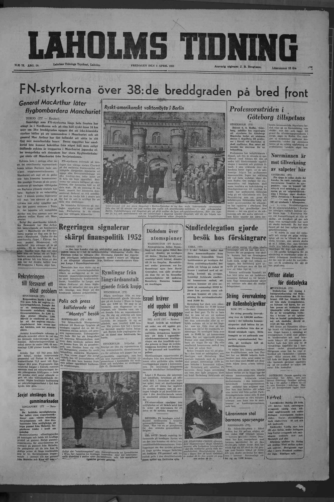 Laholms Tidning Fredag 6 april 1951, sida 1