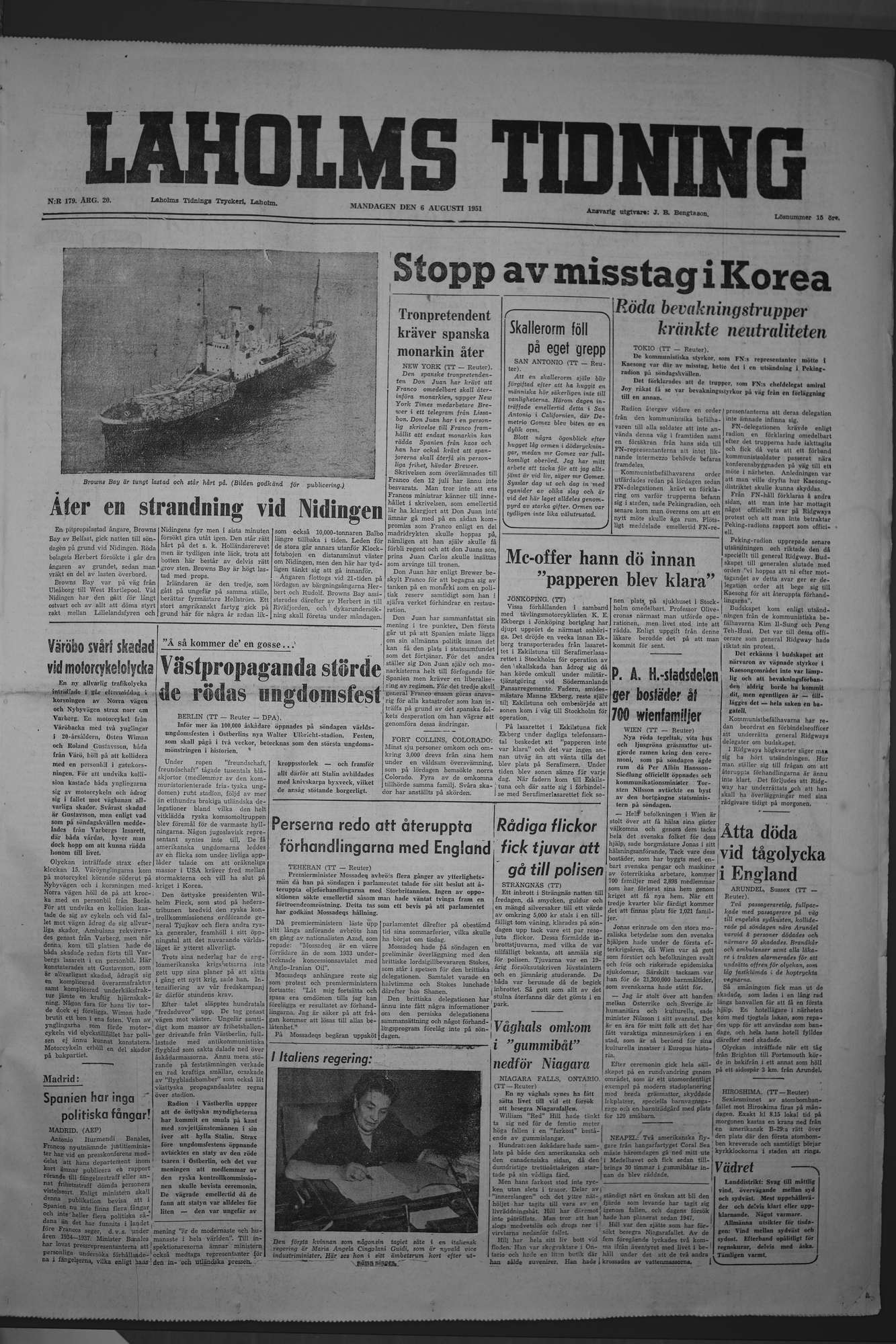 Laholms Tidning Måndag 6 augusti 1951, sida 1