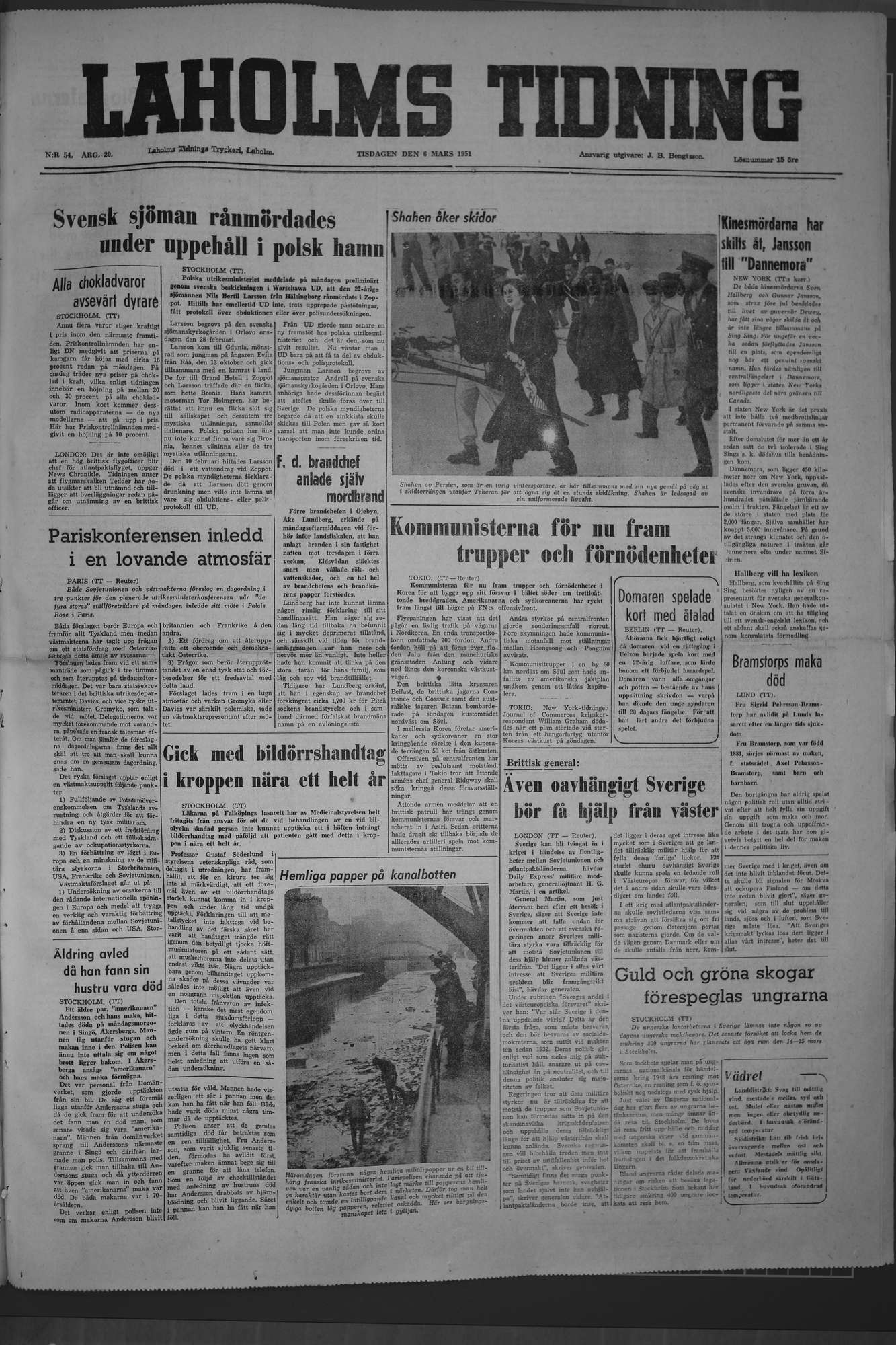 Laholms Tidning Tisdag 6 mars 1951, sida 1