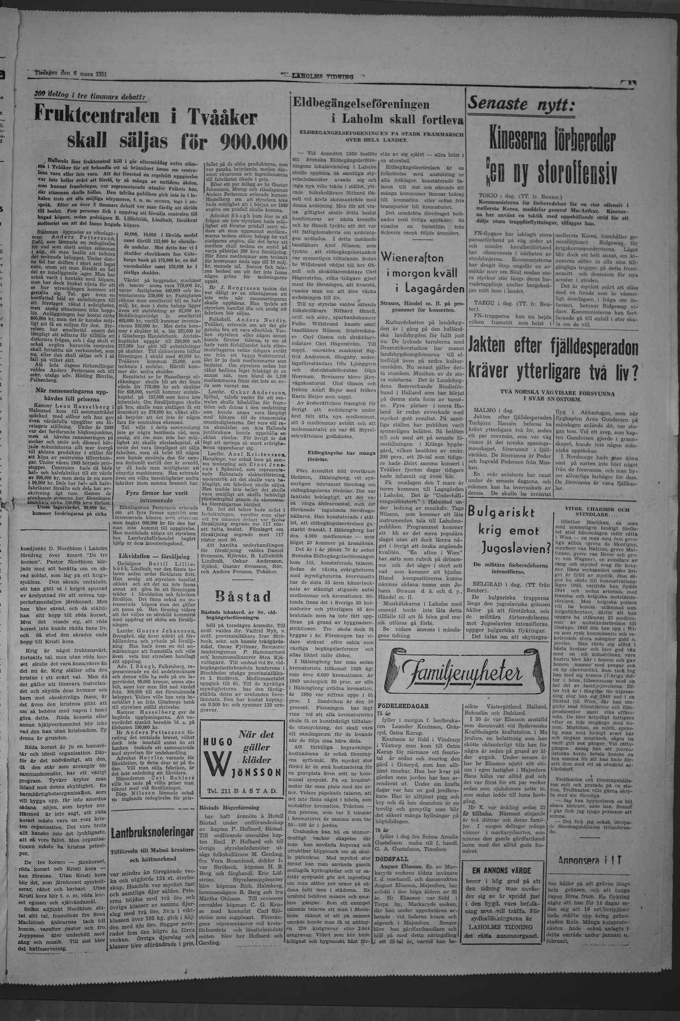 Laholms Tidning Tisdag 6 mars 1951, sida 3