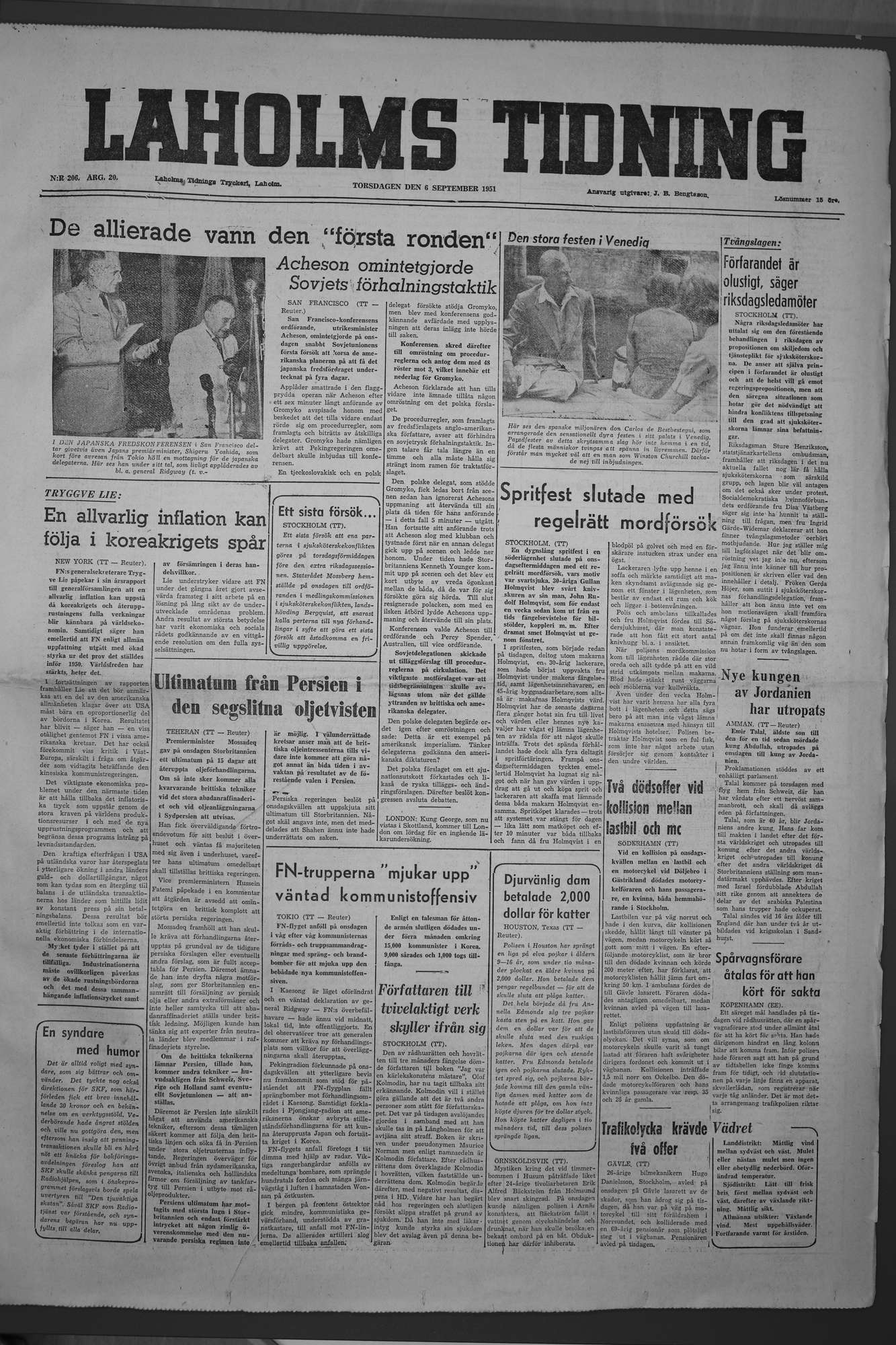 Laholms Tidning Torsdag 6 september 1951, sida 1