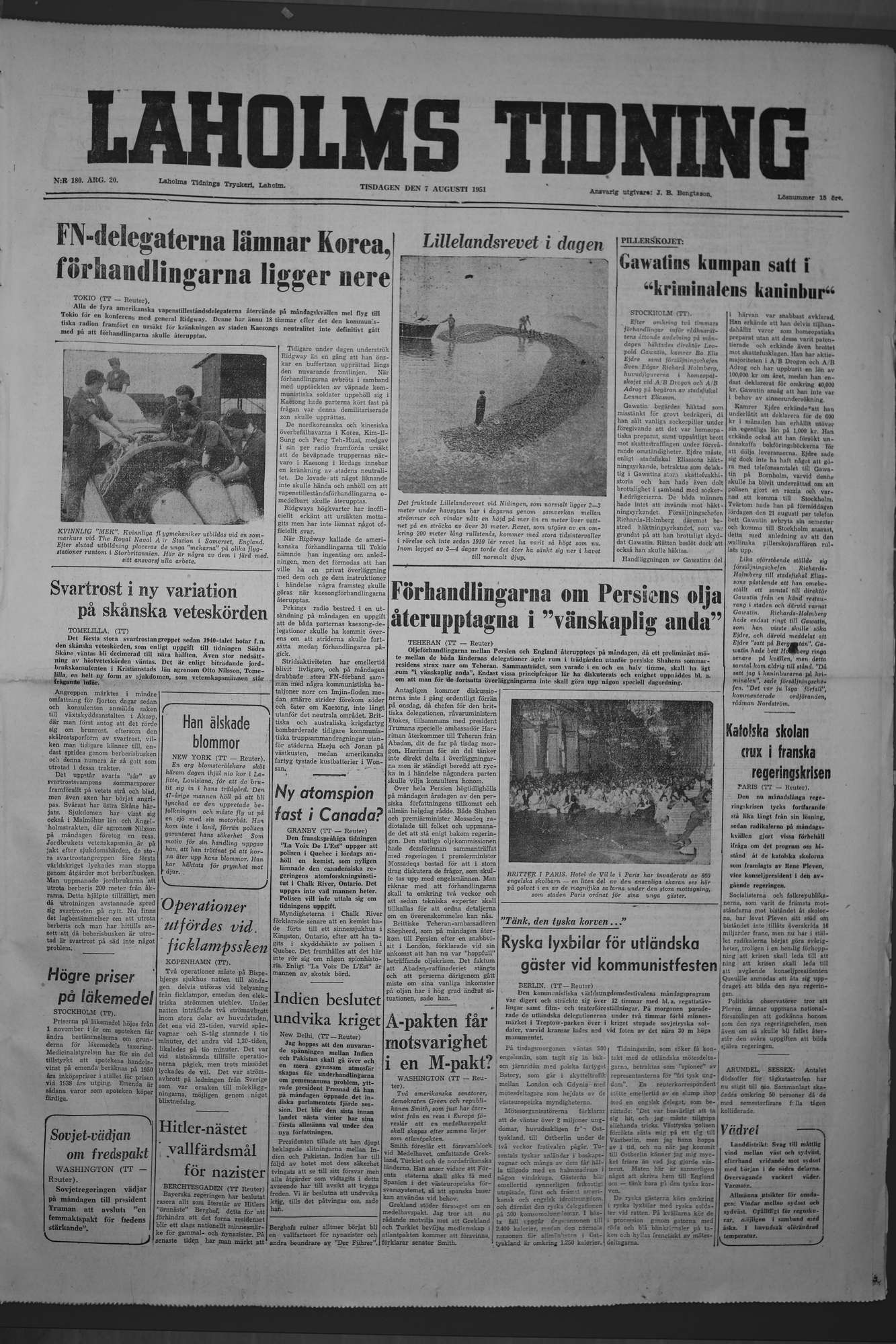 Laholms Tidning Tisdag 7 augusti 1951, sida 1