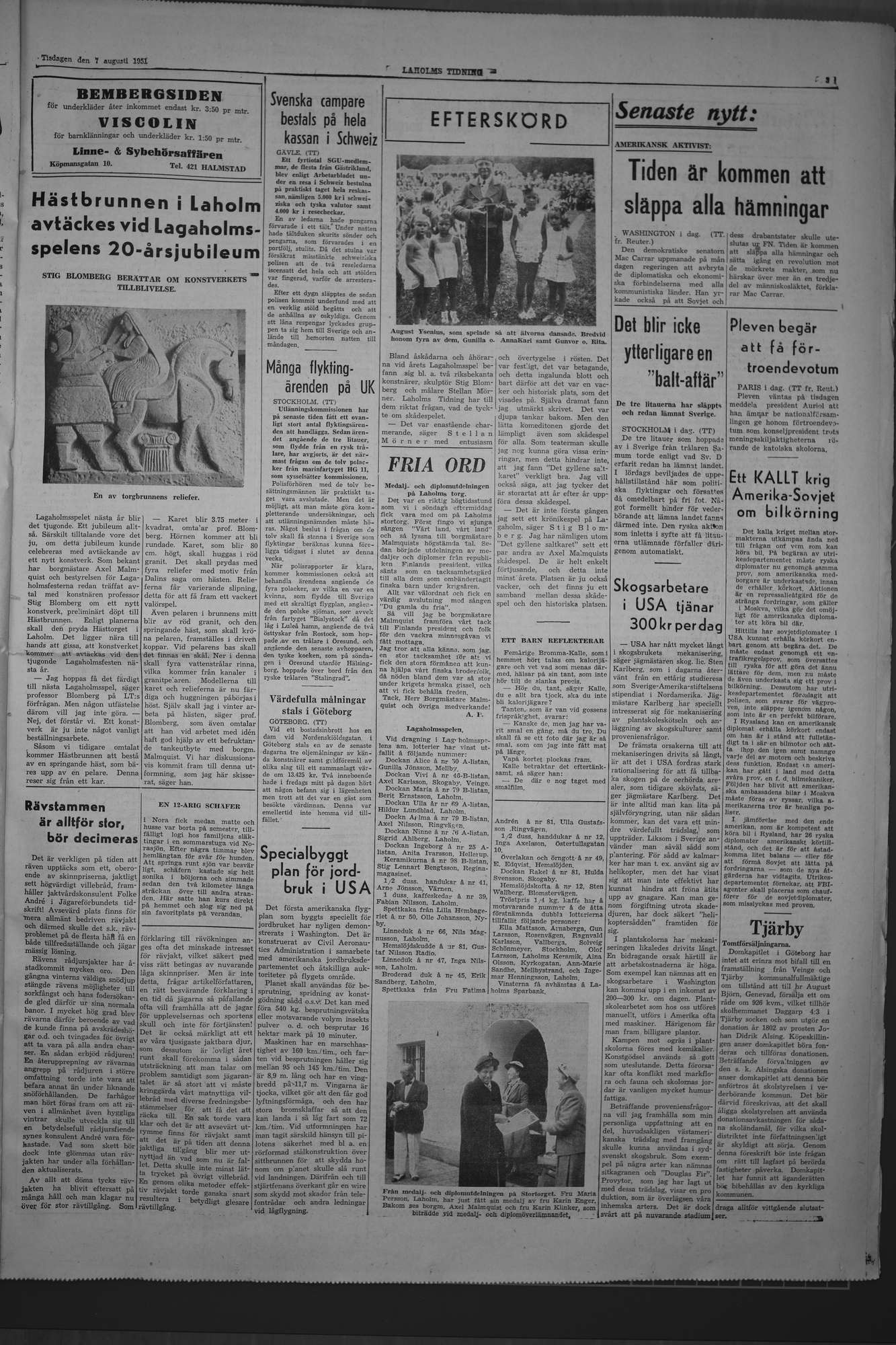 Laholms Tidning Tisdag 7 augusti 1951, sida 3