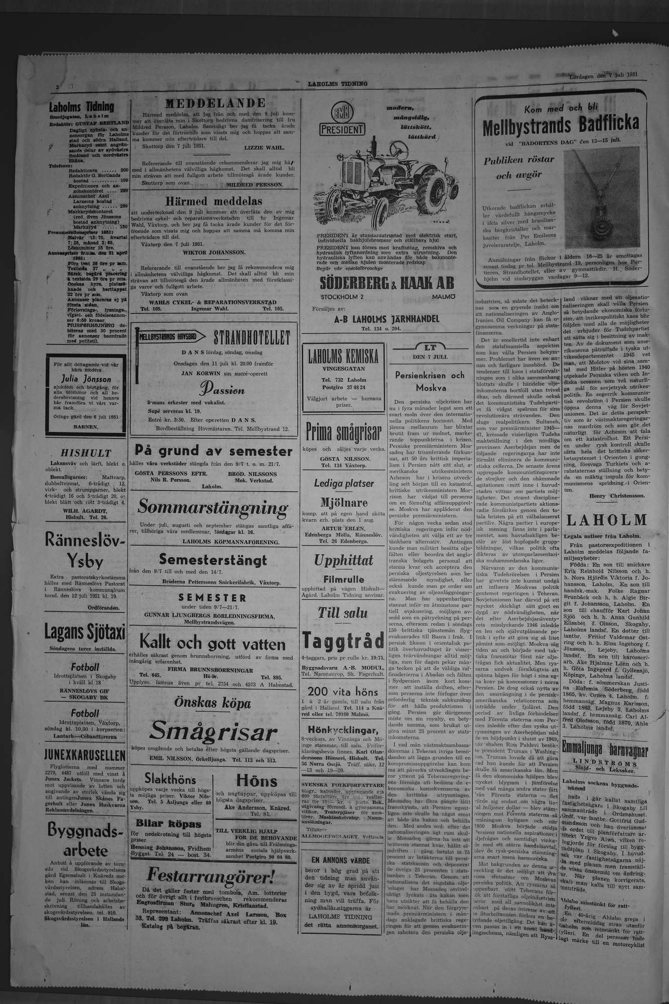 Laholms Tidning Lördag 7 juli 1951, sida 2