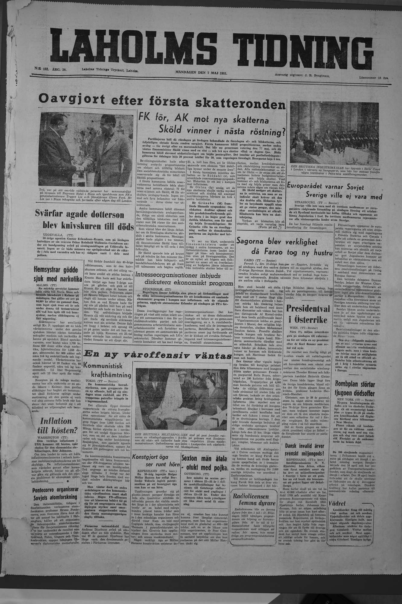 Laholms Tidning Måndag 7 maj 1951, sida 1