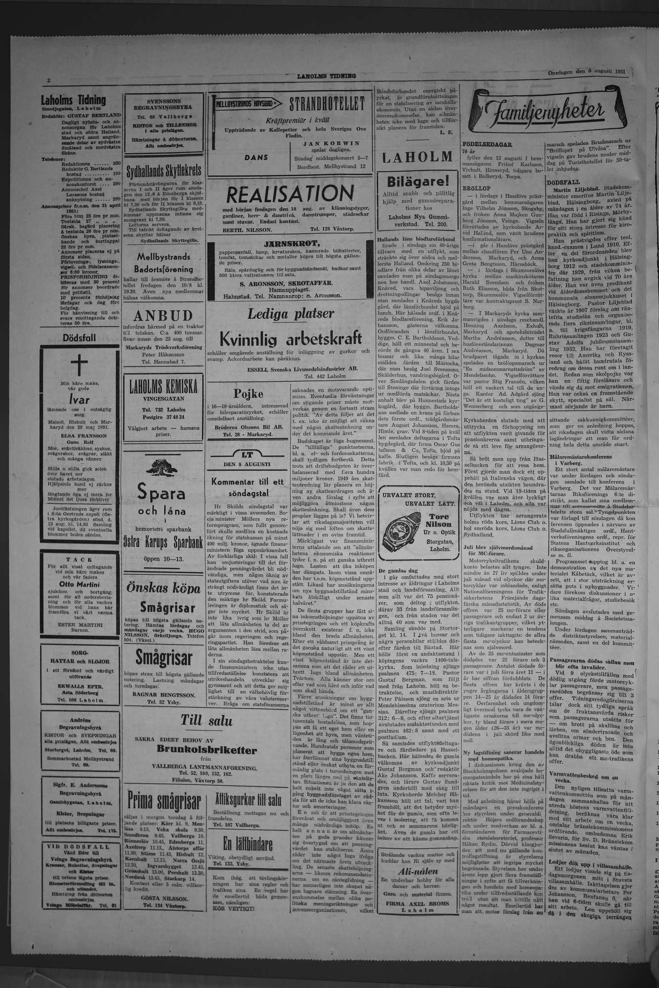 Laholms Tidning Onsdag 8 augusti 1951, sida 2