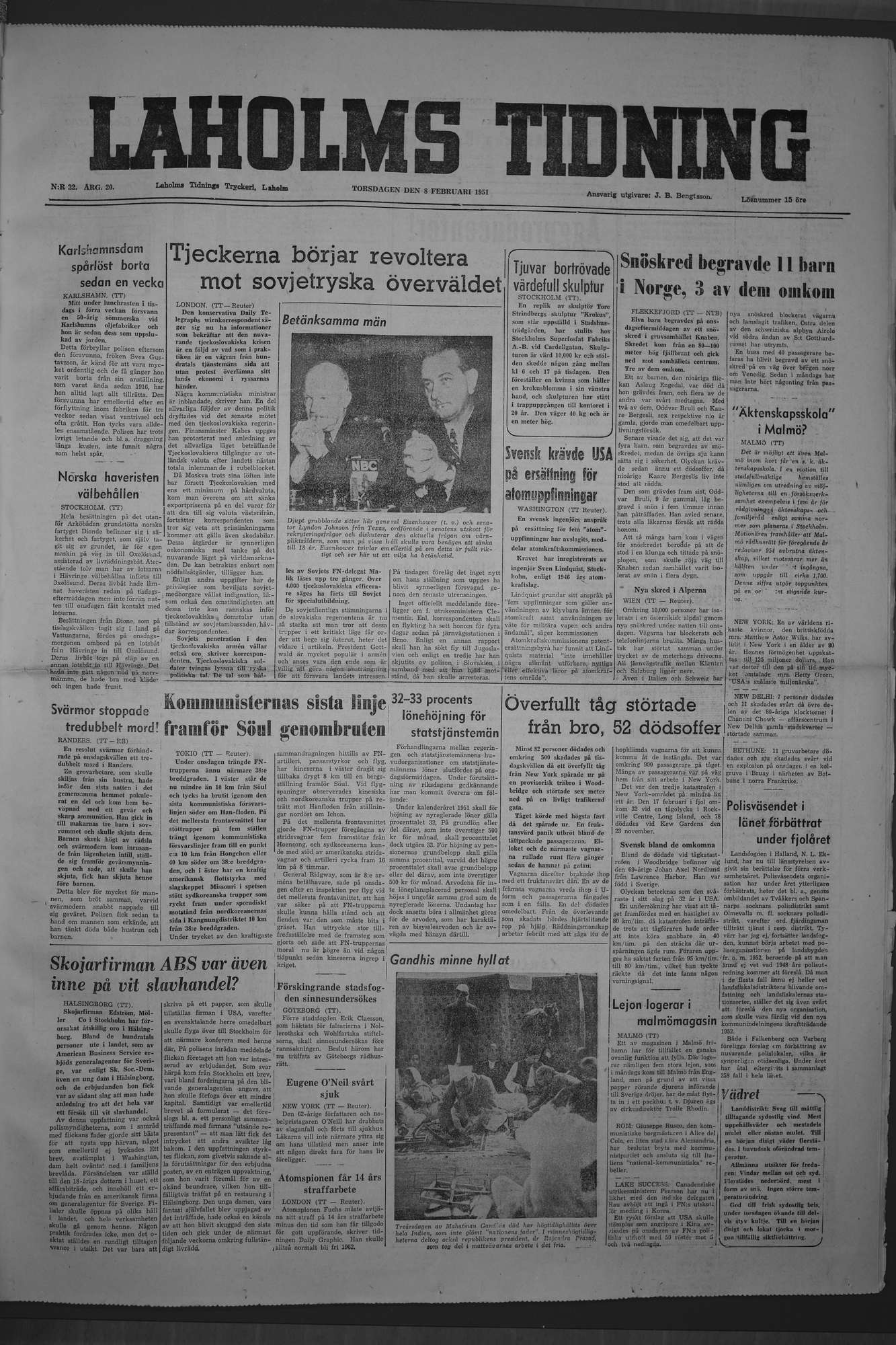 Laholms Tidning Torsdag 8 februari 1951, sida 1