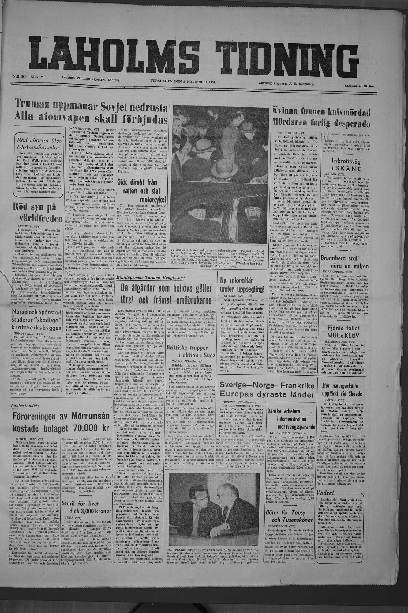 Laholms Tidning Torsdag 8 november 1951, sida 1