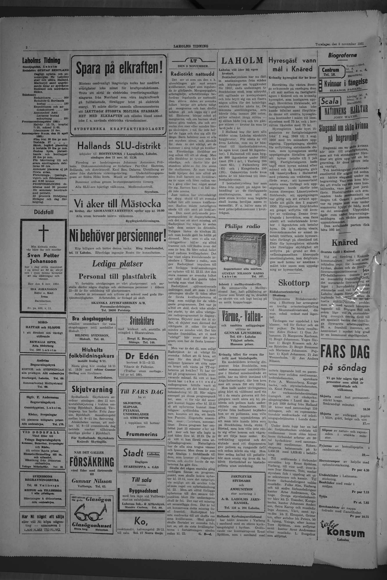 Laholms Tidning Torsdag 8 november 1951, sida 2