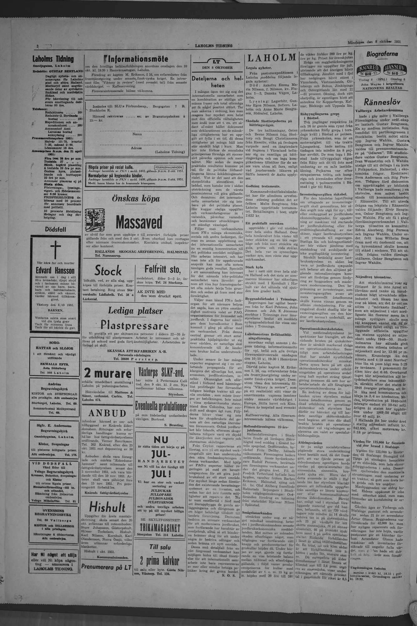 Laholms Tidning Måndag 8 oktober 1951, sida 2