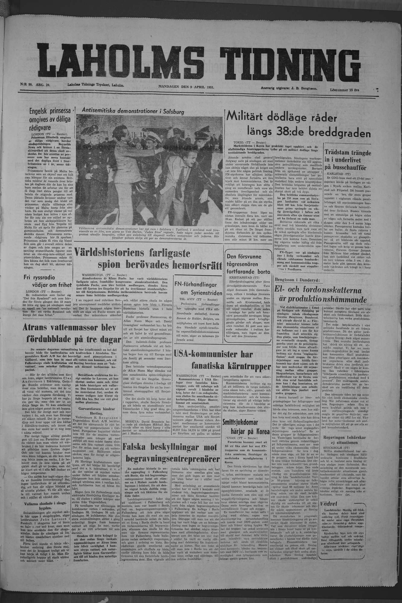Laholms Tidning Måndag 9 april 1951, sida 1