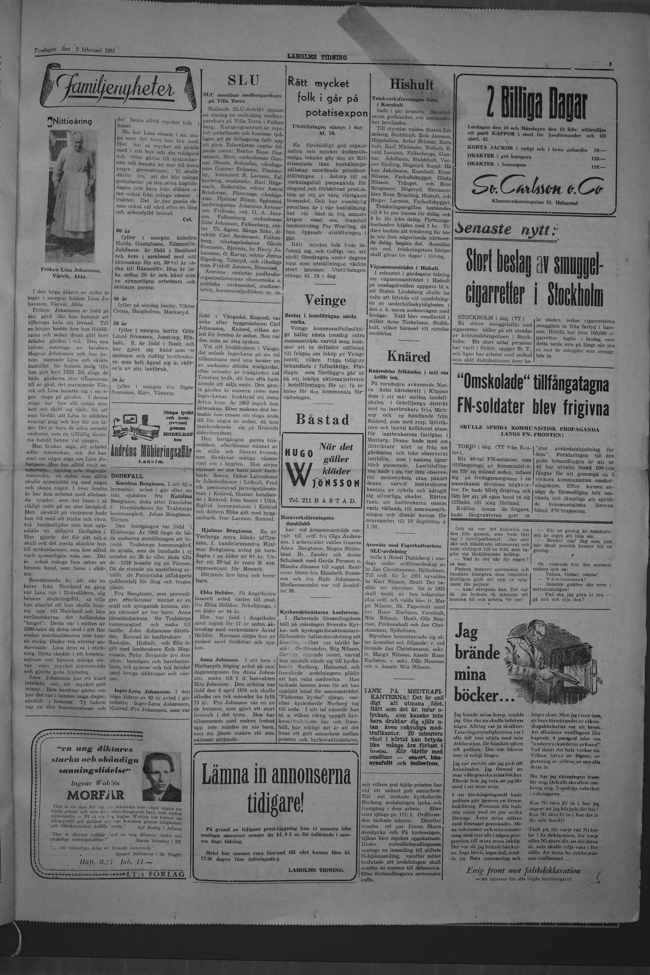 Laholms Tidning Fredag 9 februari 1951, sida 3