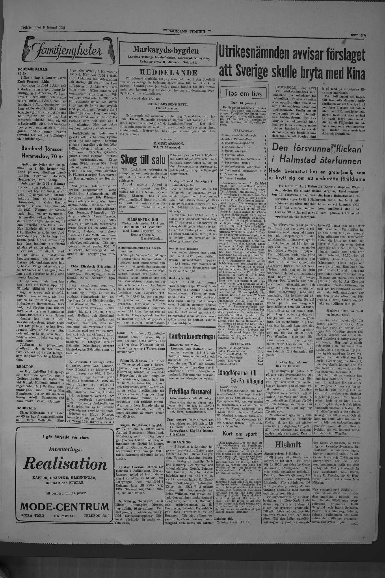 Laholms Tidning Tisdag 9 januari 1951, sida 3