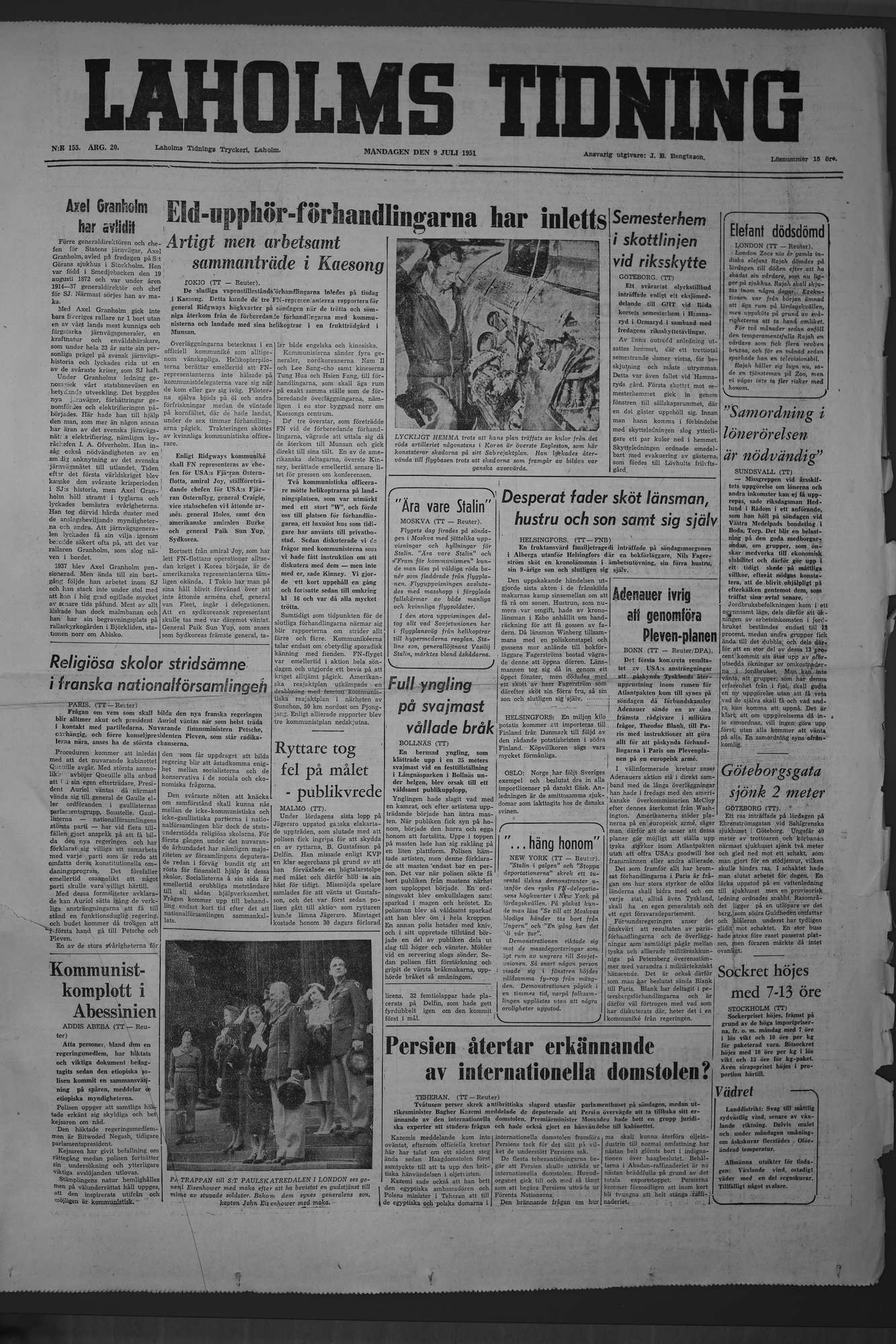 Laholms Tidning Måndag 9 juli 1951, sida 1