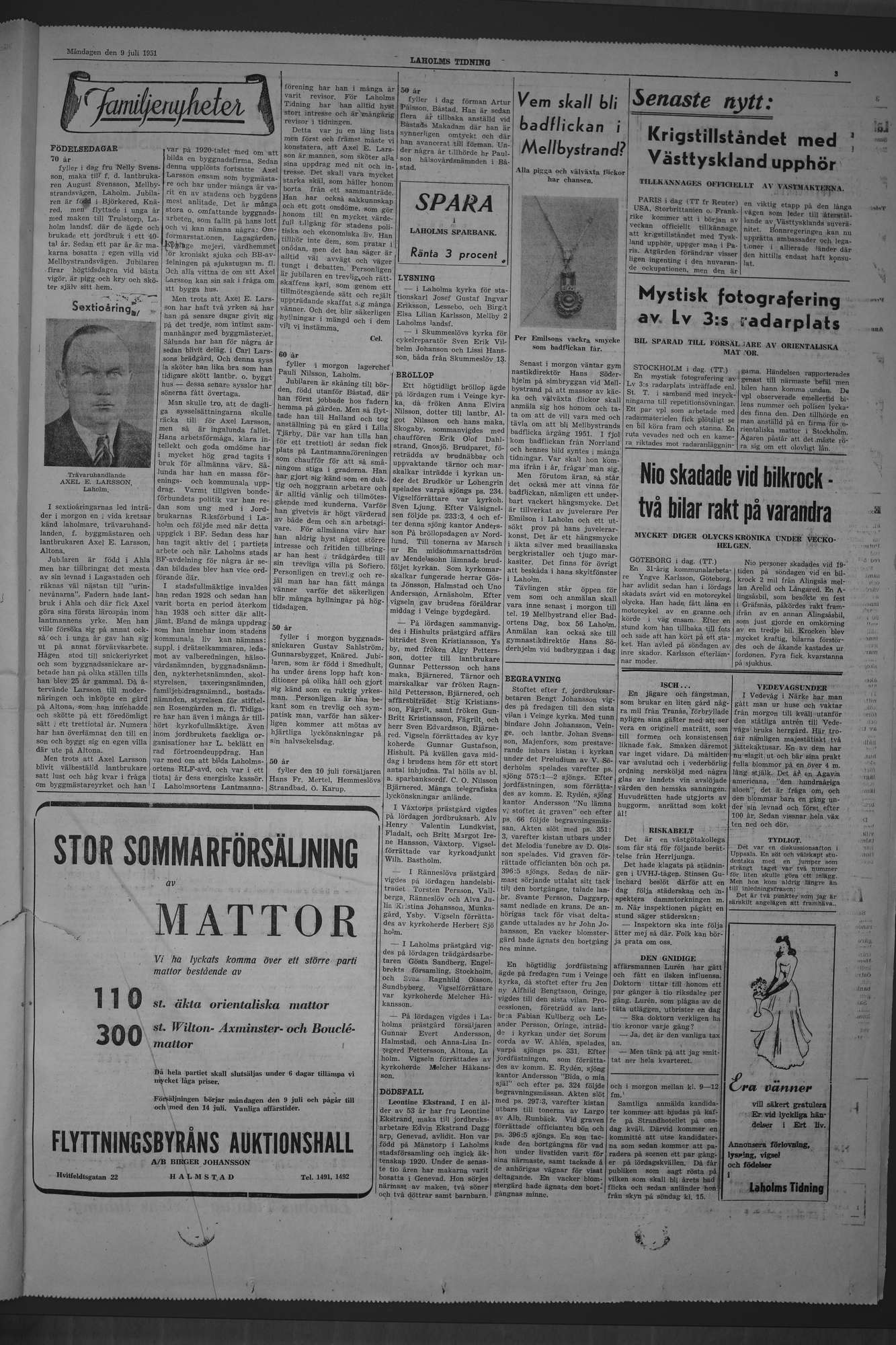 Laholms Tidning Måndag 9 juli 1951, sida 3