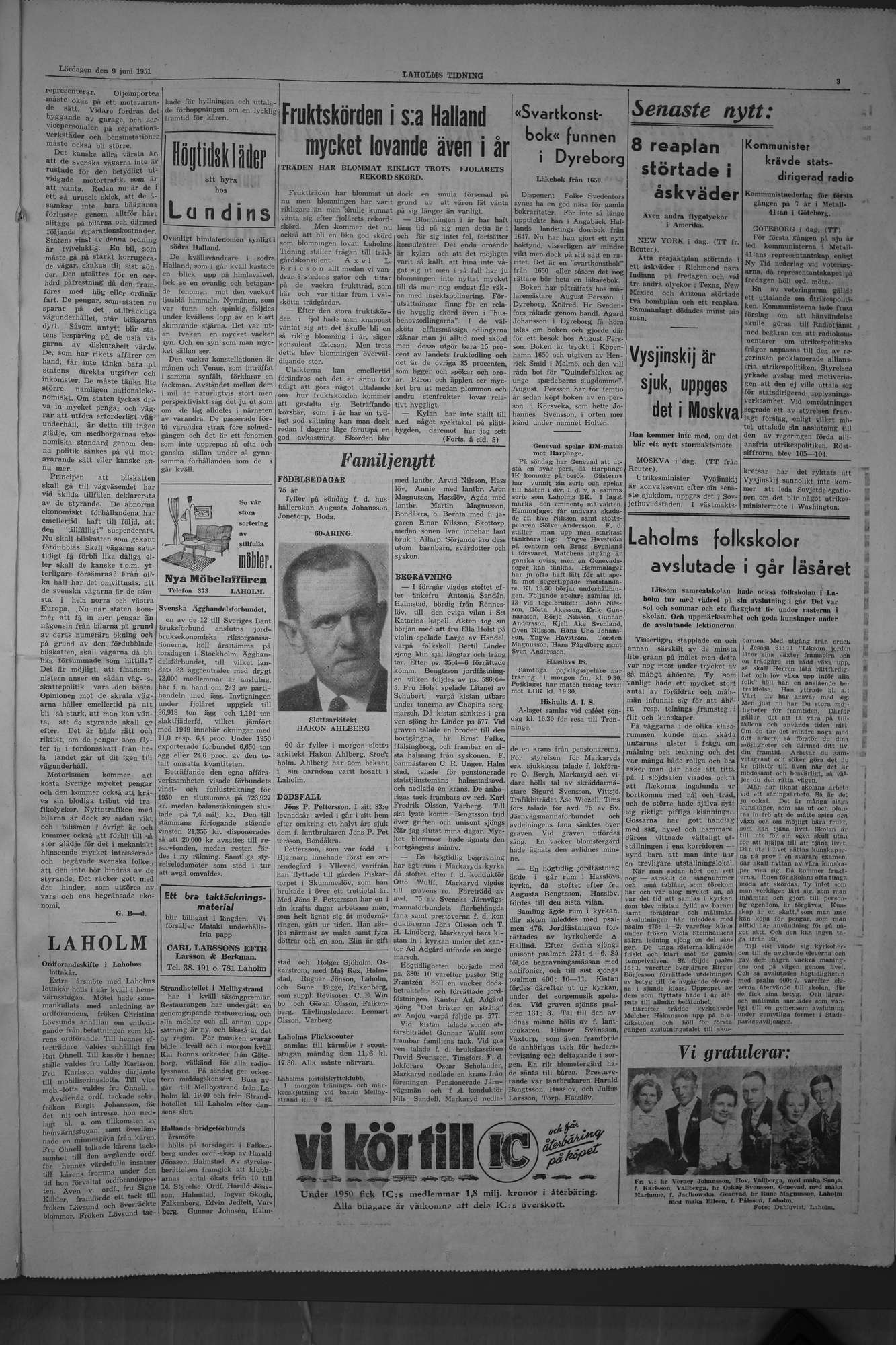 Laholms Tidning Lördag 9 juni 1951, sida 3