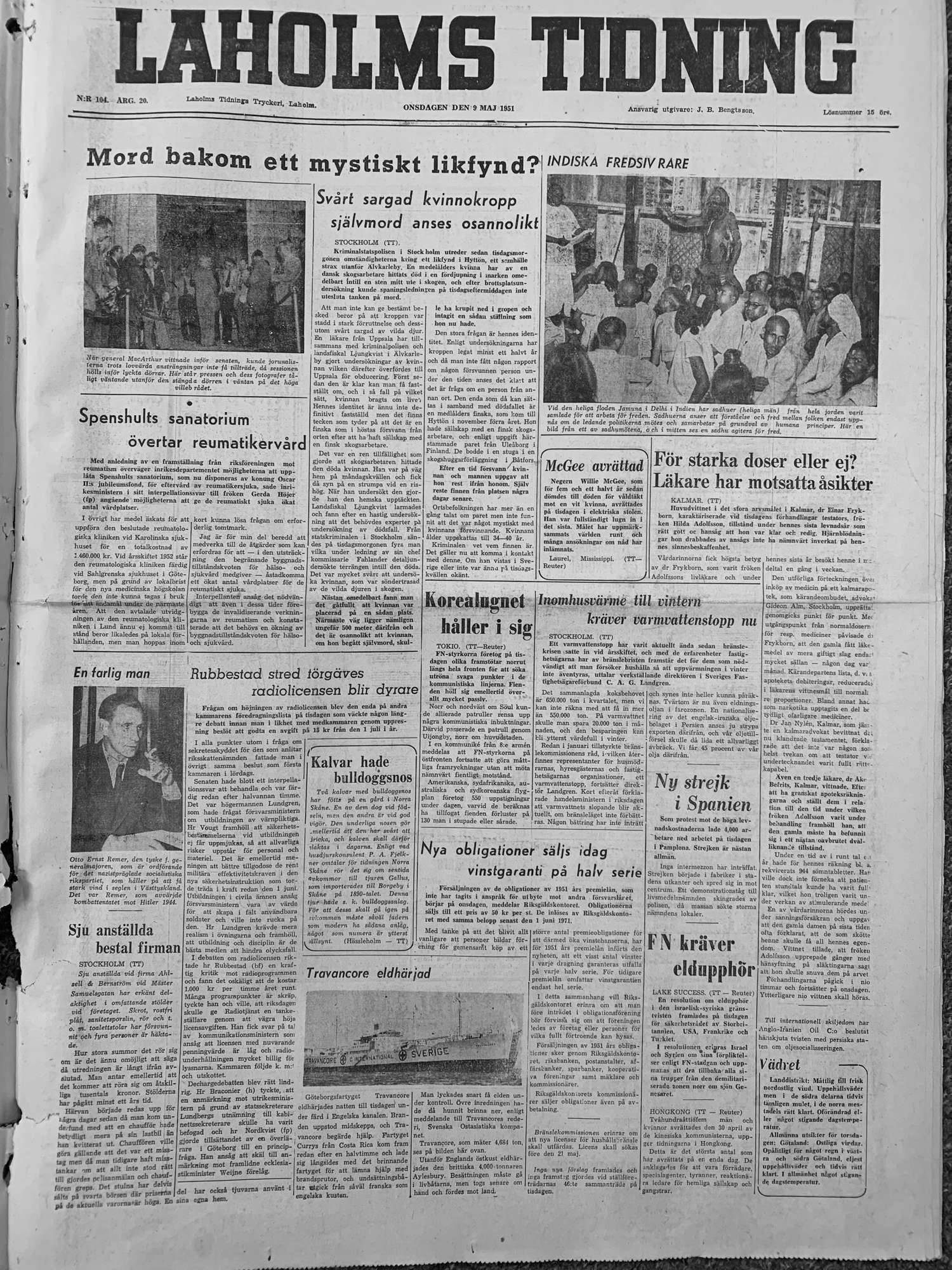 Laholms Tidning Onsdag 9 maj 1951, sida 1
