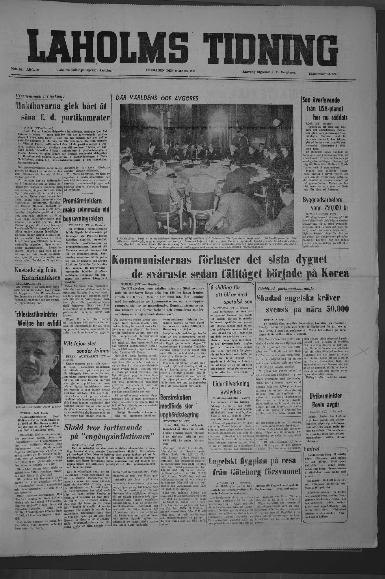 Laholms Tidning Fredag 9 mars 1951, sida 1