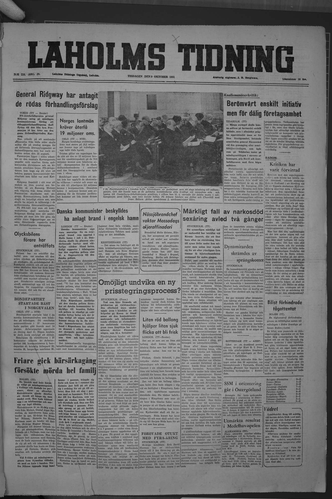 Laholms Tidning Tisdag 9 oktober 1951, sida 1