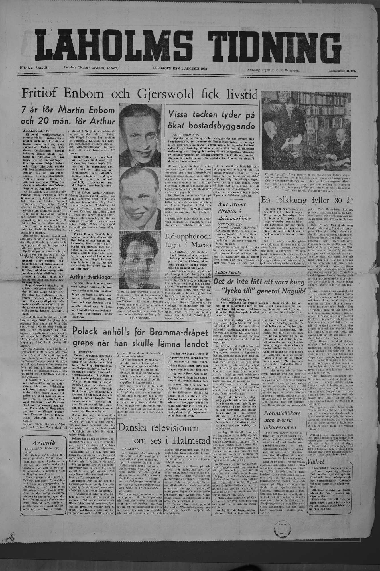 Laholms Tidning Fredag 1 augusti 1952, sida 1