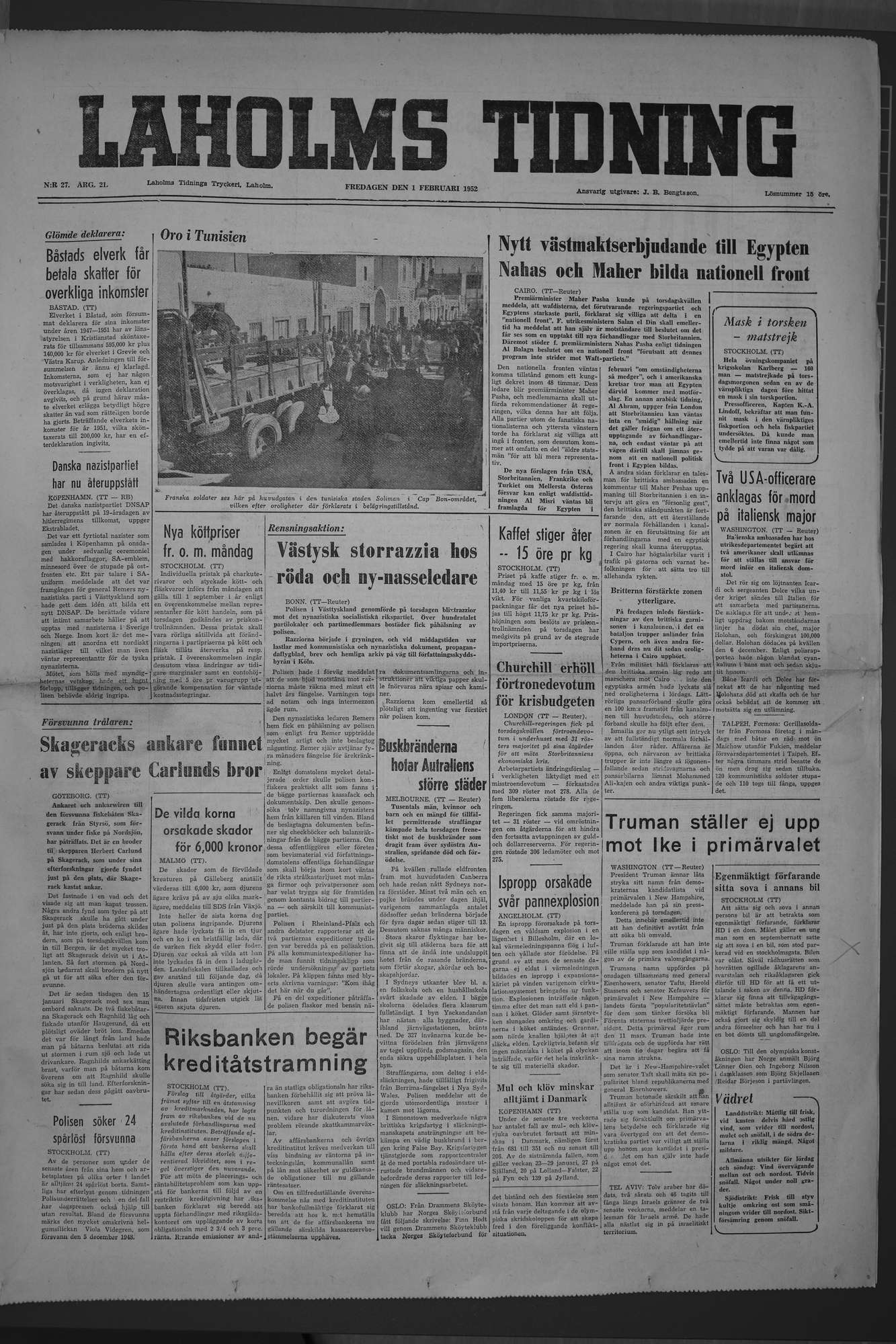 Laholms Tidning Fredag 1 februari 1952, sida 1