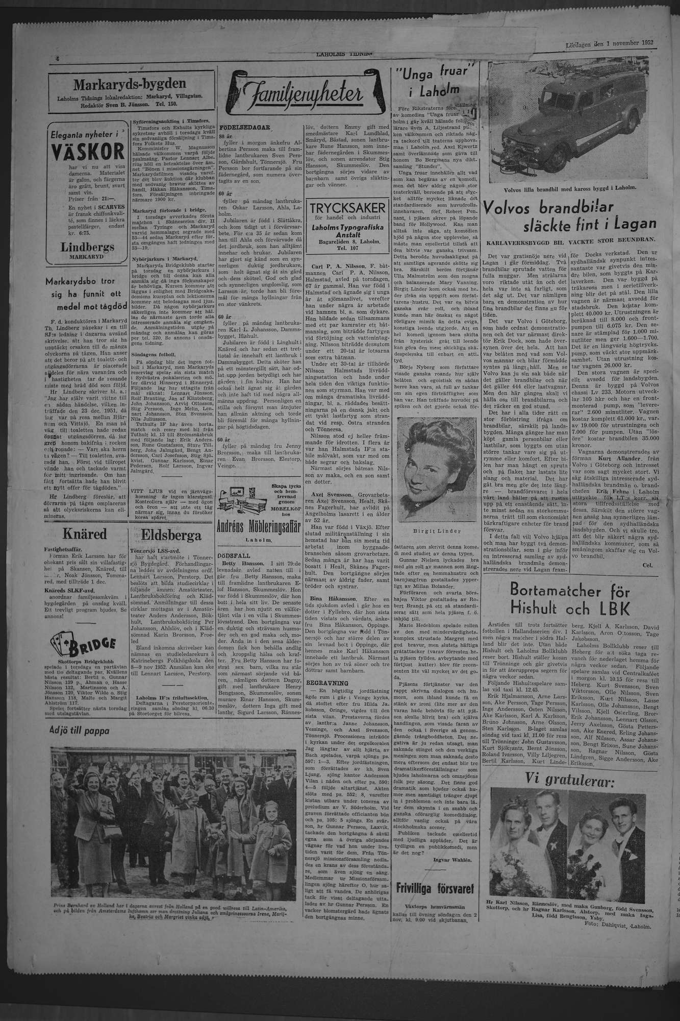 Laholms Tidning Lördag 1 november 1952, sida 4