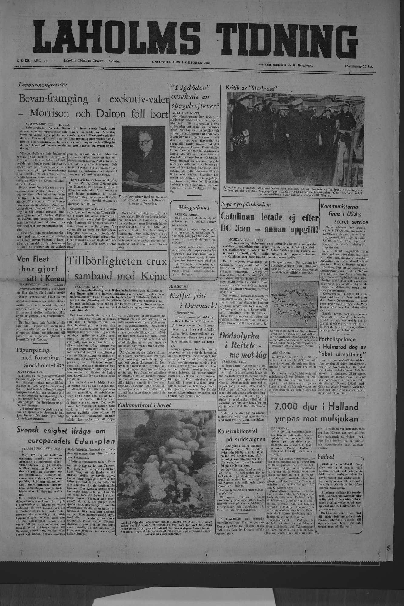 Laholms Tidning Onsdag 1 oktober 1952, sida 1