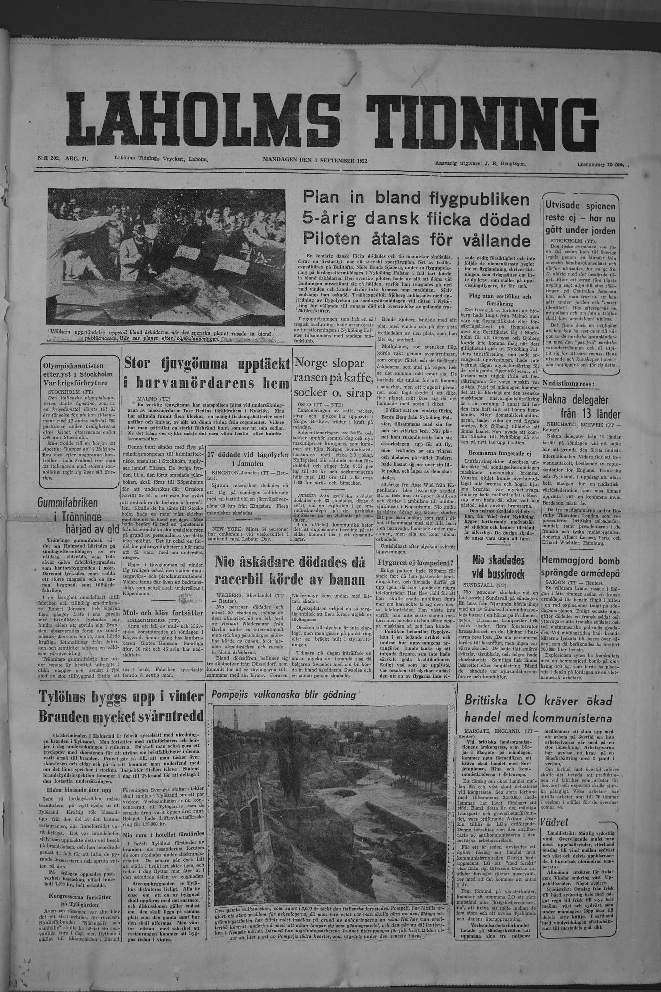 Laholms Tidning Måndag 1 september 1952, sida 1