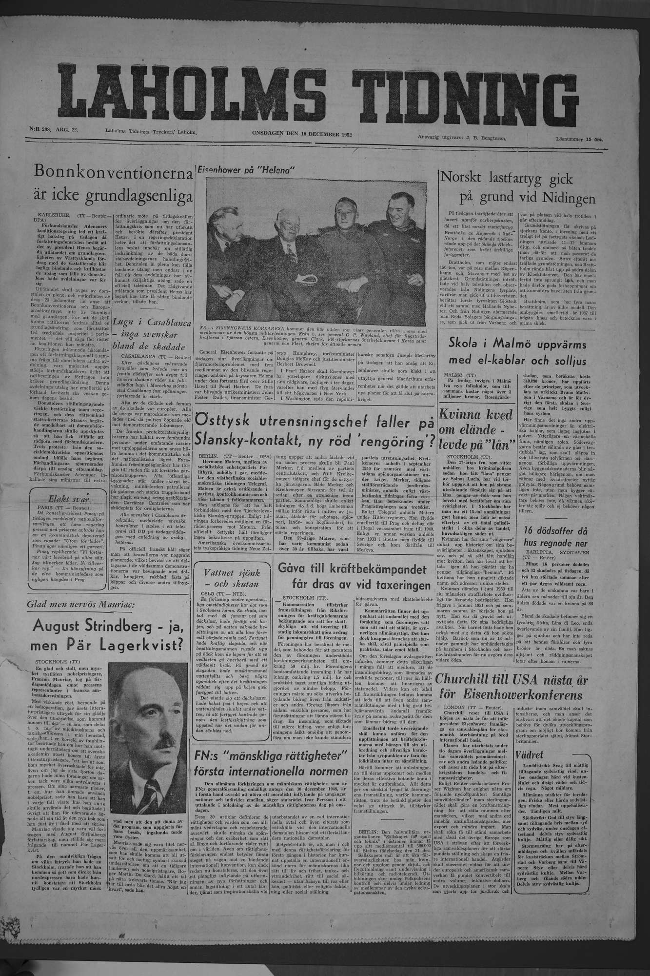 Laholms Tidning Onsdag 10 december 1952, sida 1