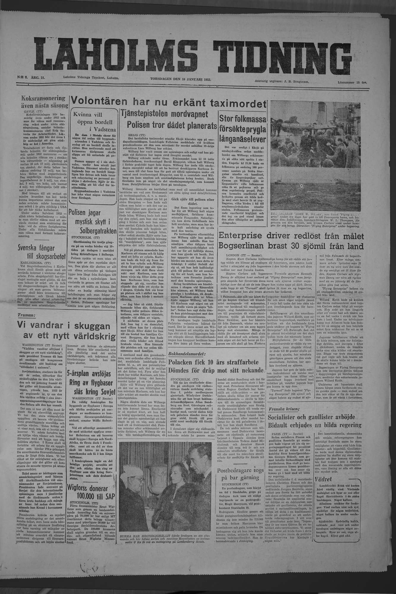 Laholms Tidning Torsdag 10 januari 1952, sida 1