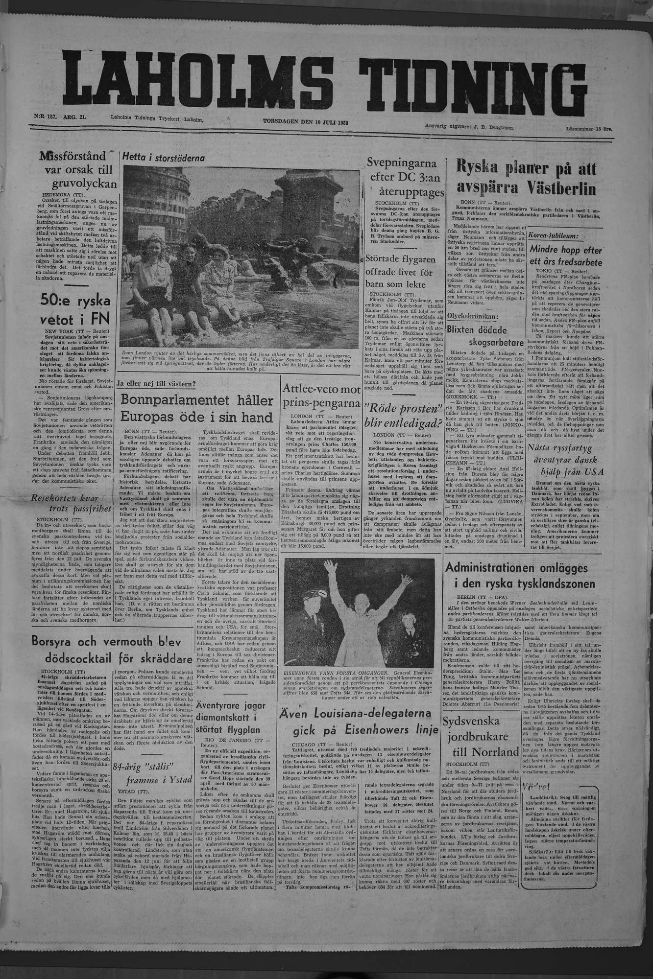 Laholms Tidning Torsdag 10 juli 1952, sida 1