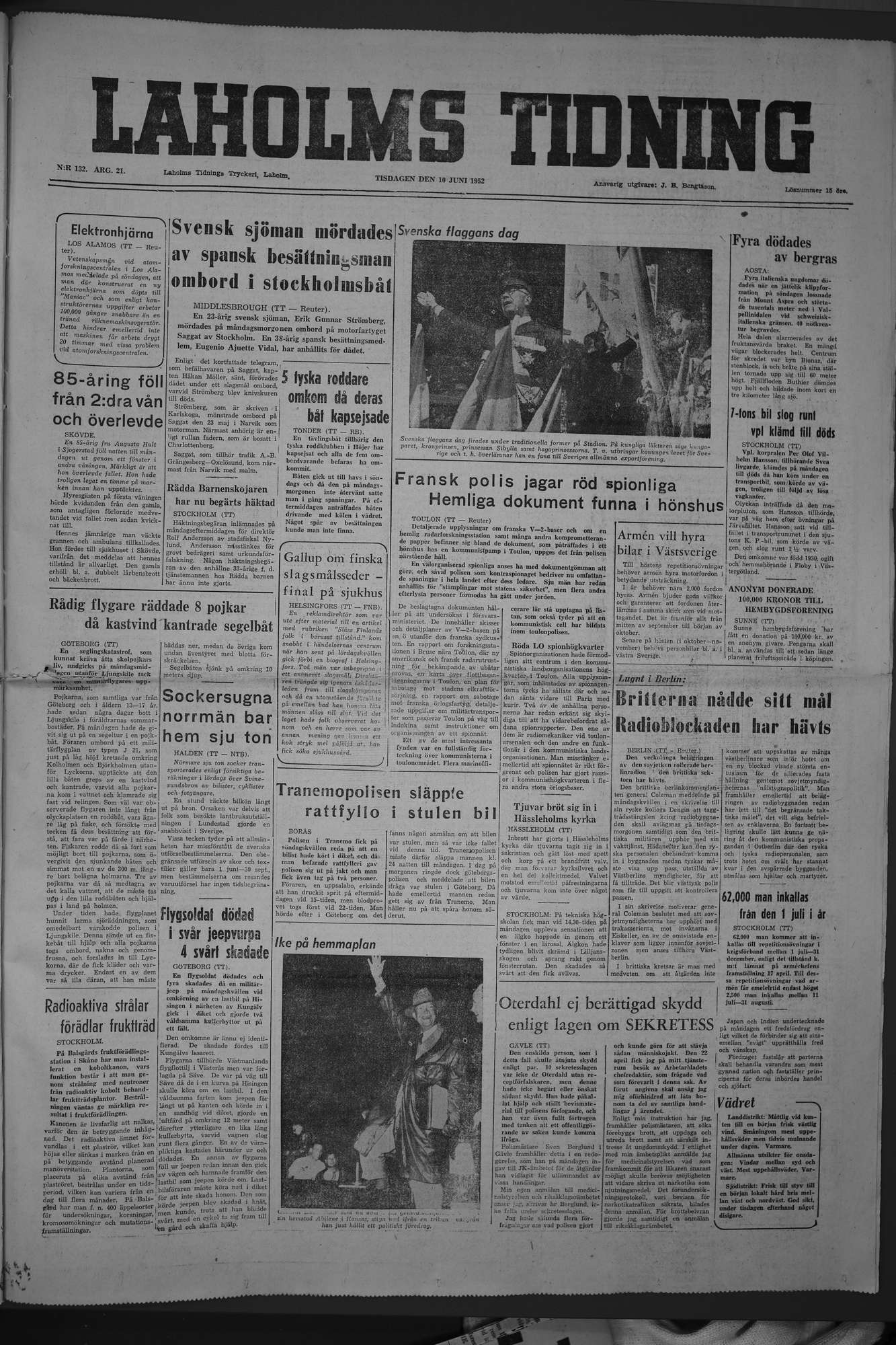 Laholms Tidning Tisdag 10 juni 1952, sida 1