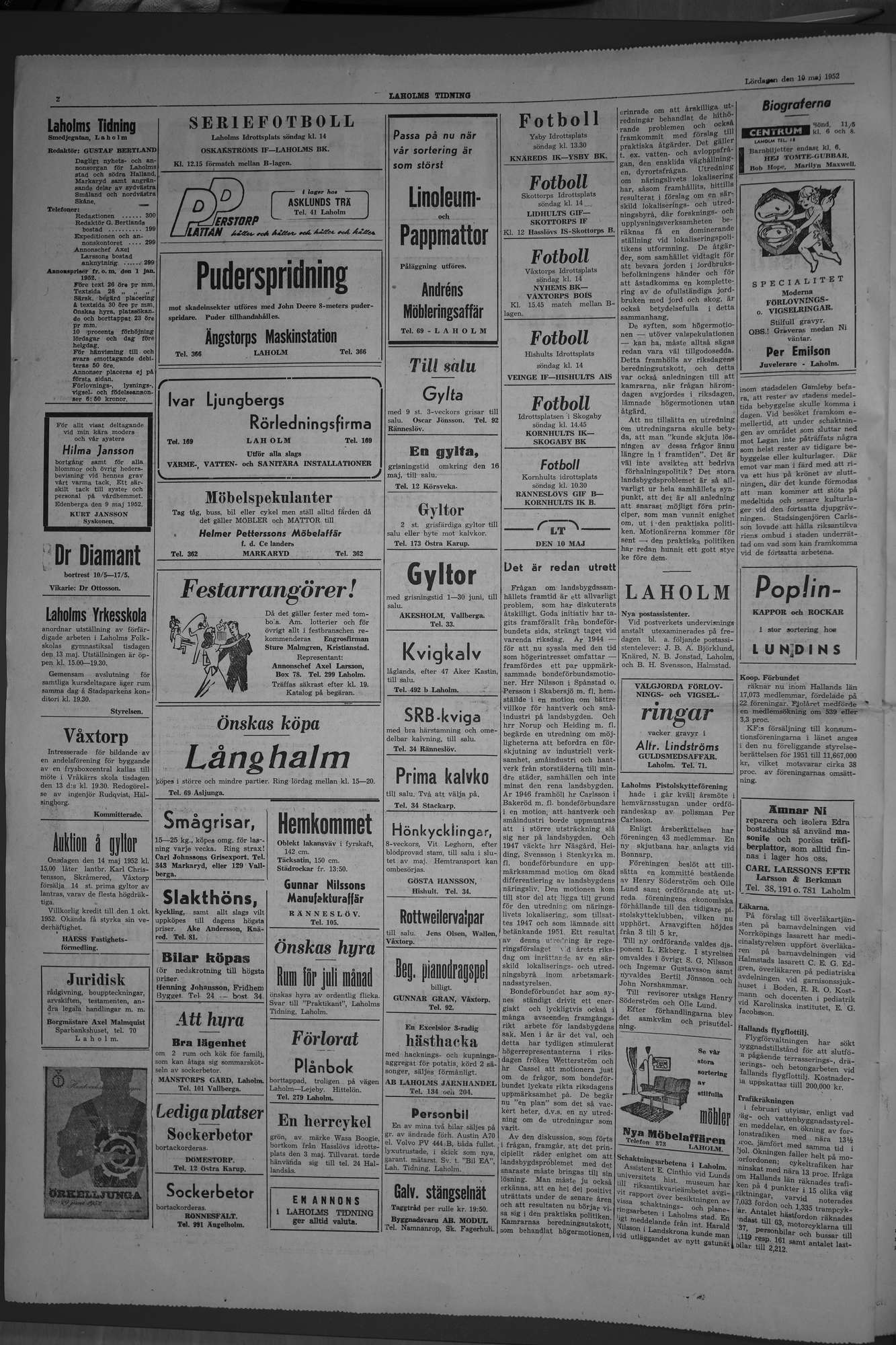 Laholms Tidning Lördag 10 maj 1952, sida 2