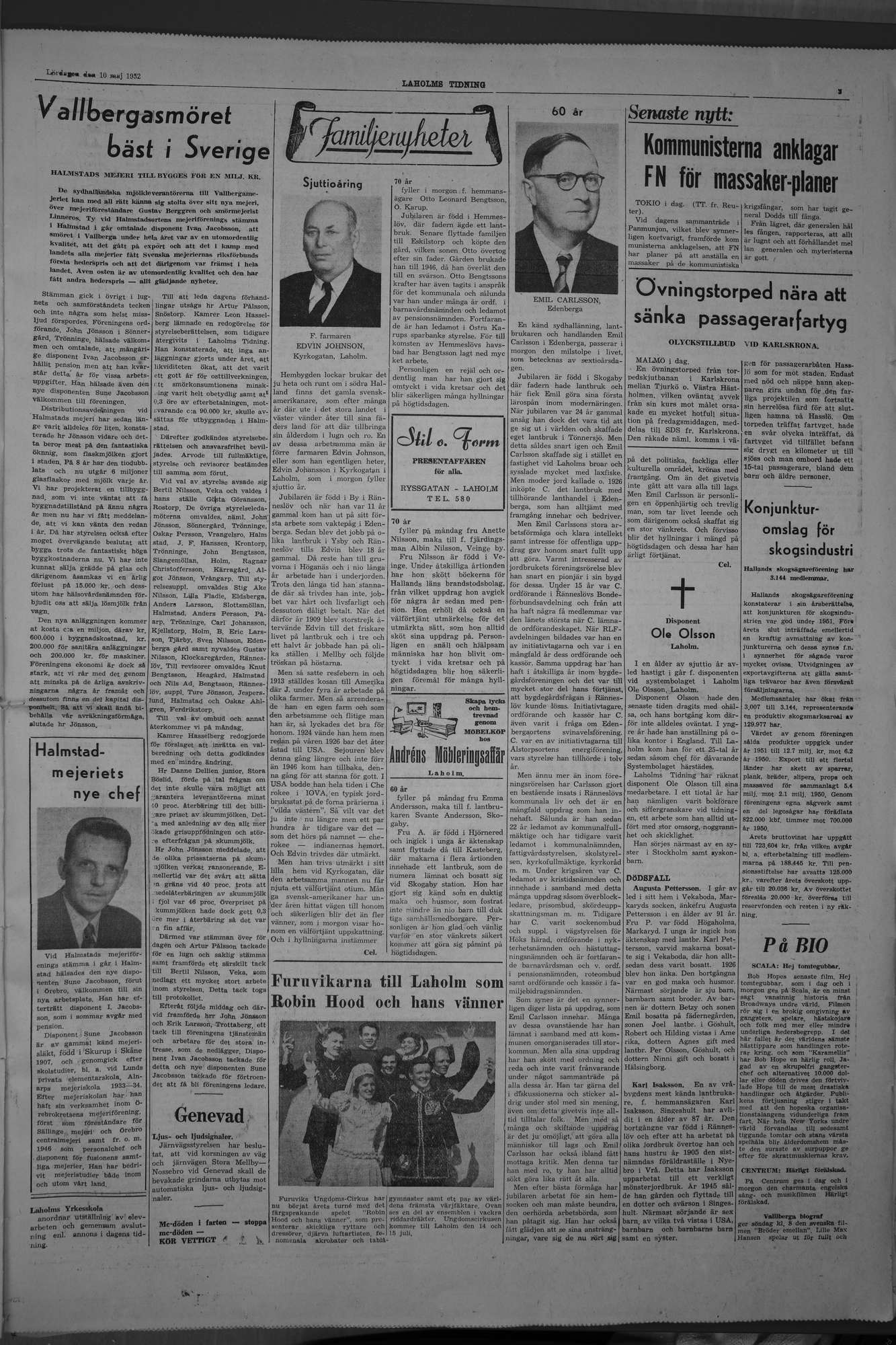 Laholms Tidning Lördag 10 maj 1952, sida 3