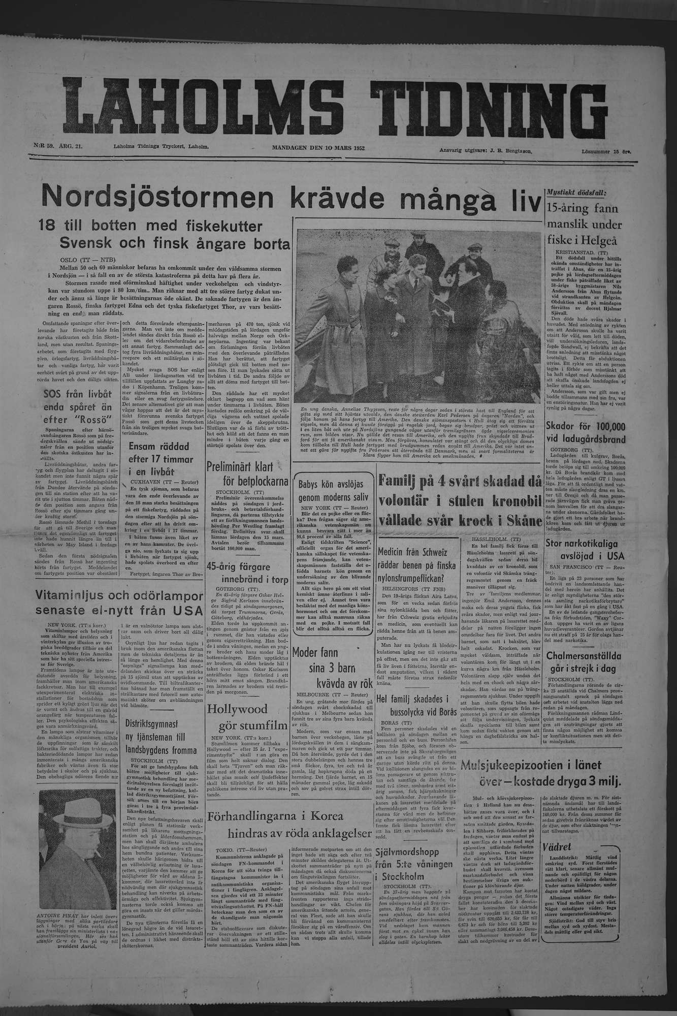 Laholms Tidning Måndag 10 mars 1952, sida 1